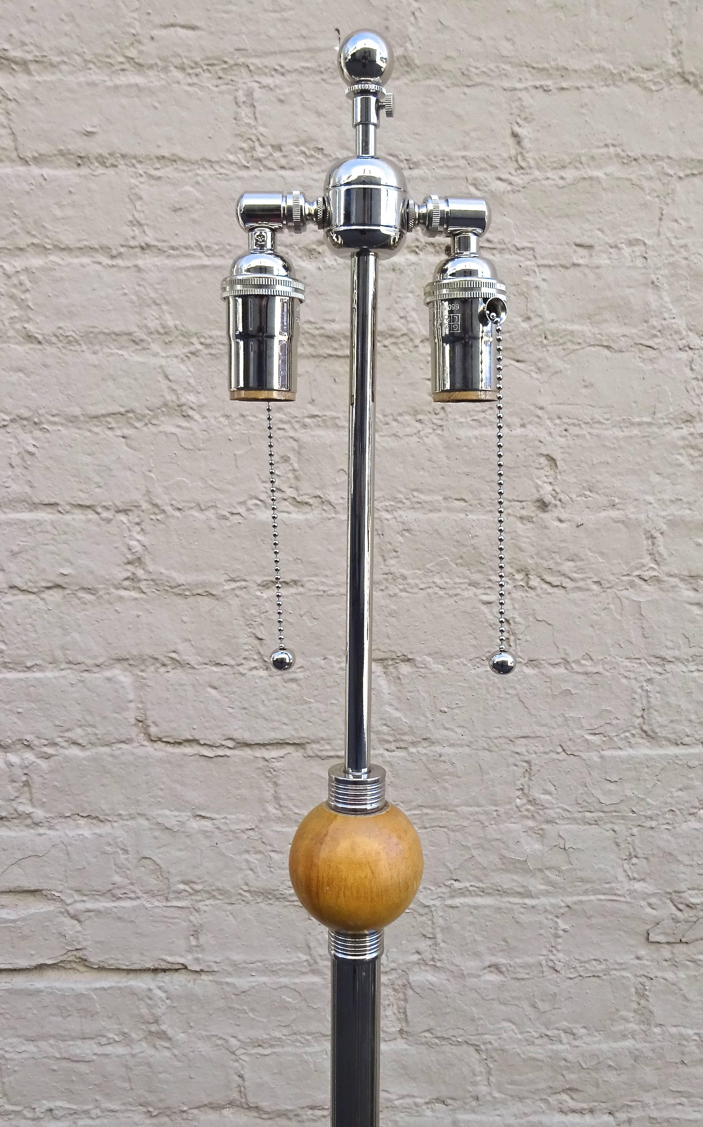 American Tall 1930s Machine Age Nickel and Wood Floor Lamp For Sale