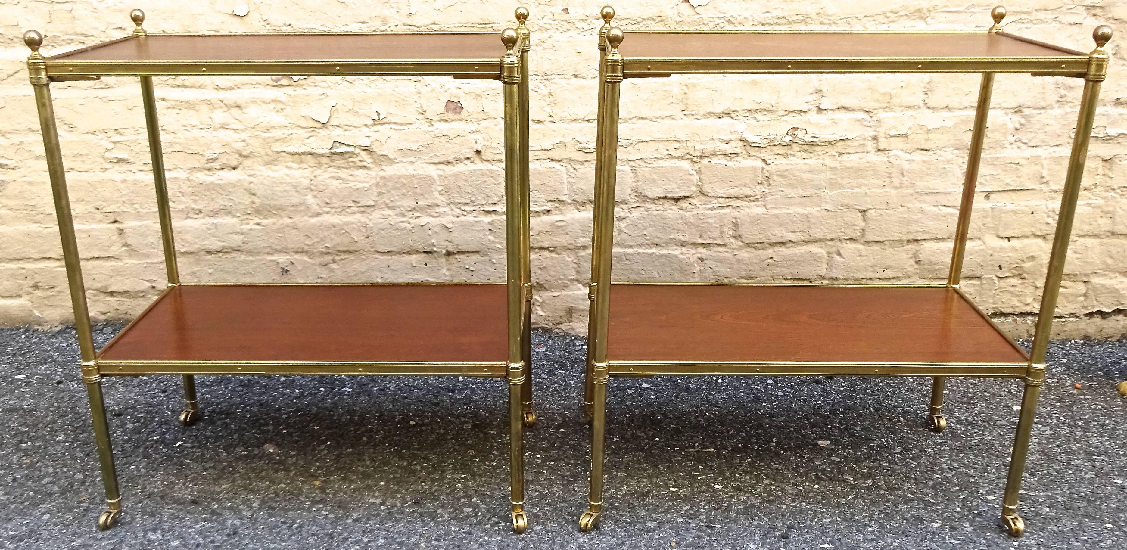 Chic pair of 1960s, Italian Regency style Mahogany and brass side tables.
