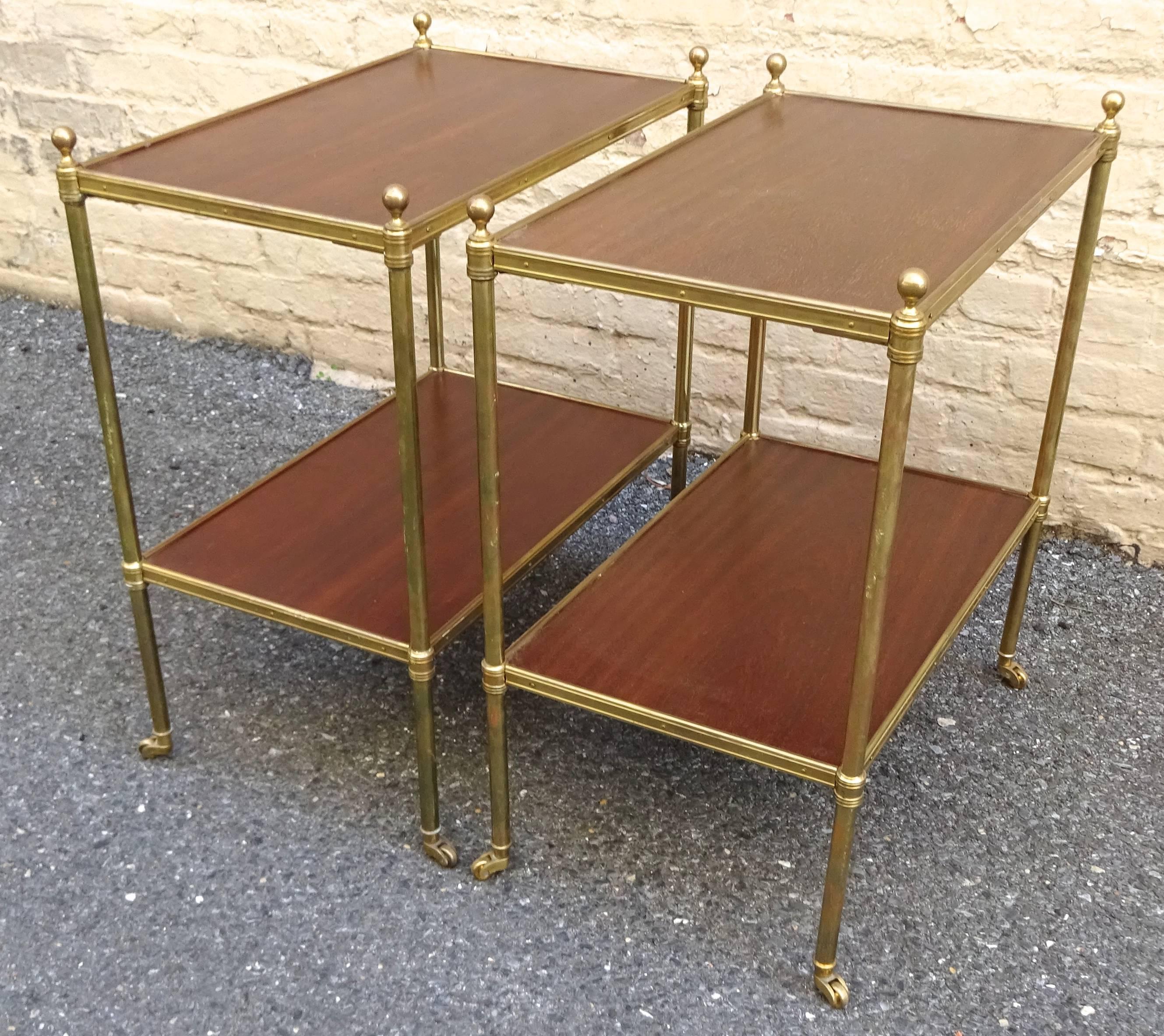 Mid-20th Century Chic Pair of 1960s, Italian Regency Style Mahogany and Brass Side Tables