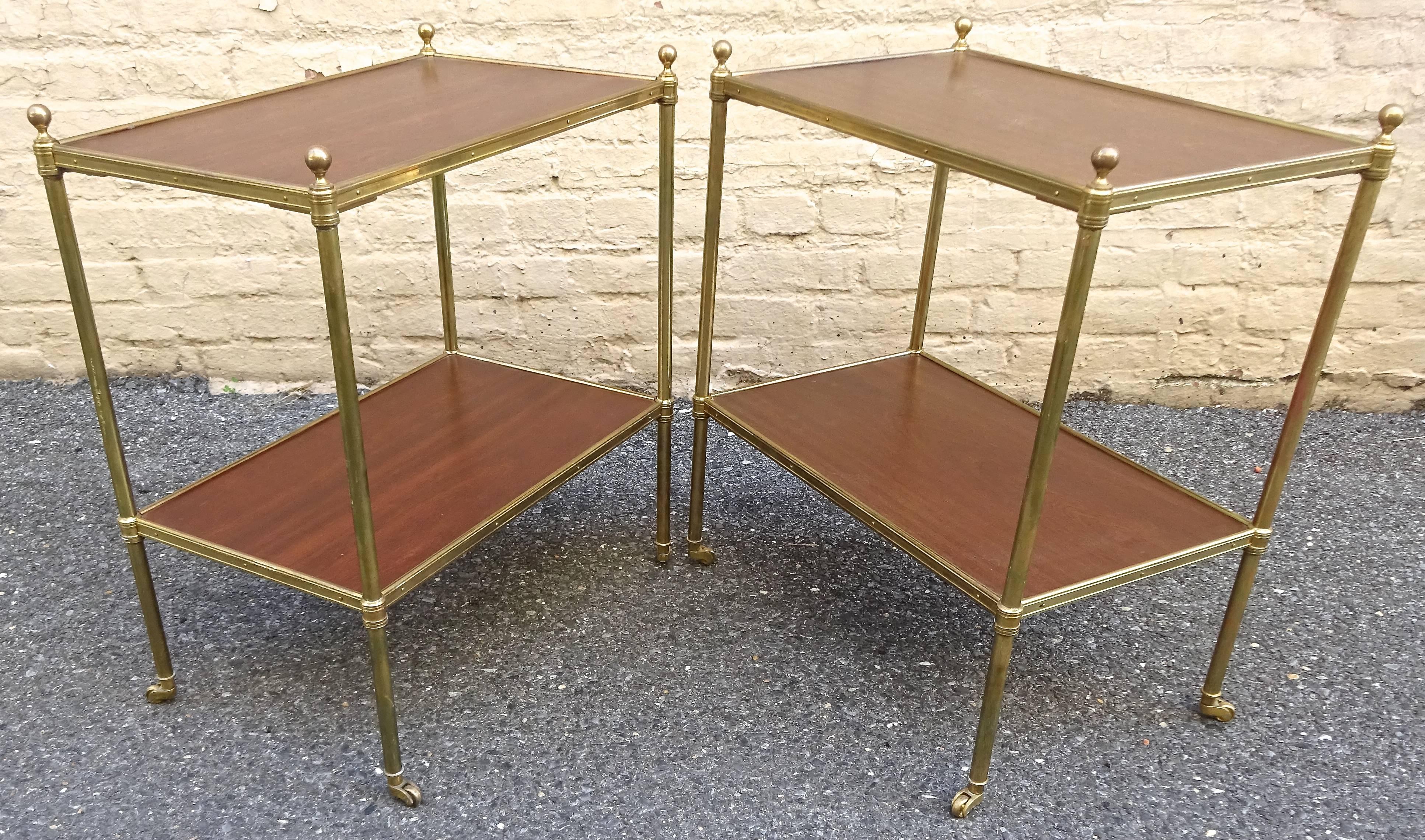 Chic Pair of 1960s, Italian Regency Style Mahogany and Brass Side Tables 1