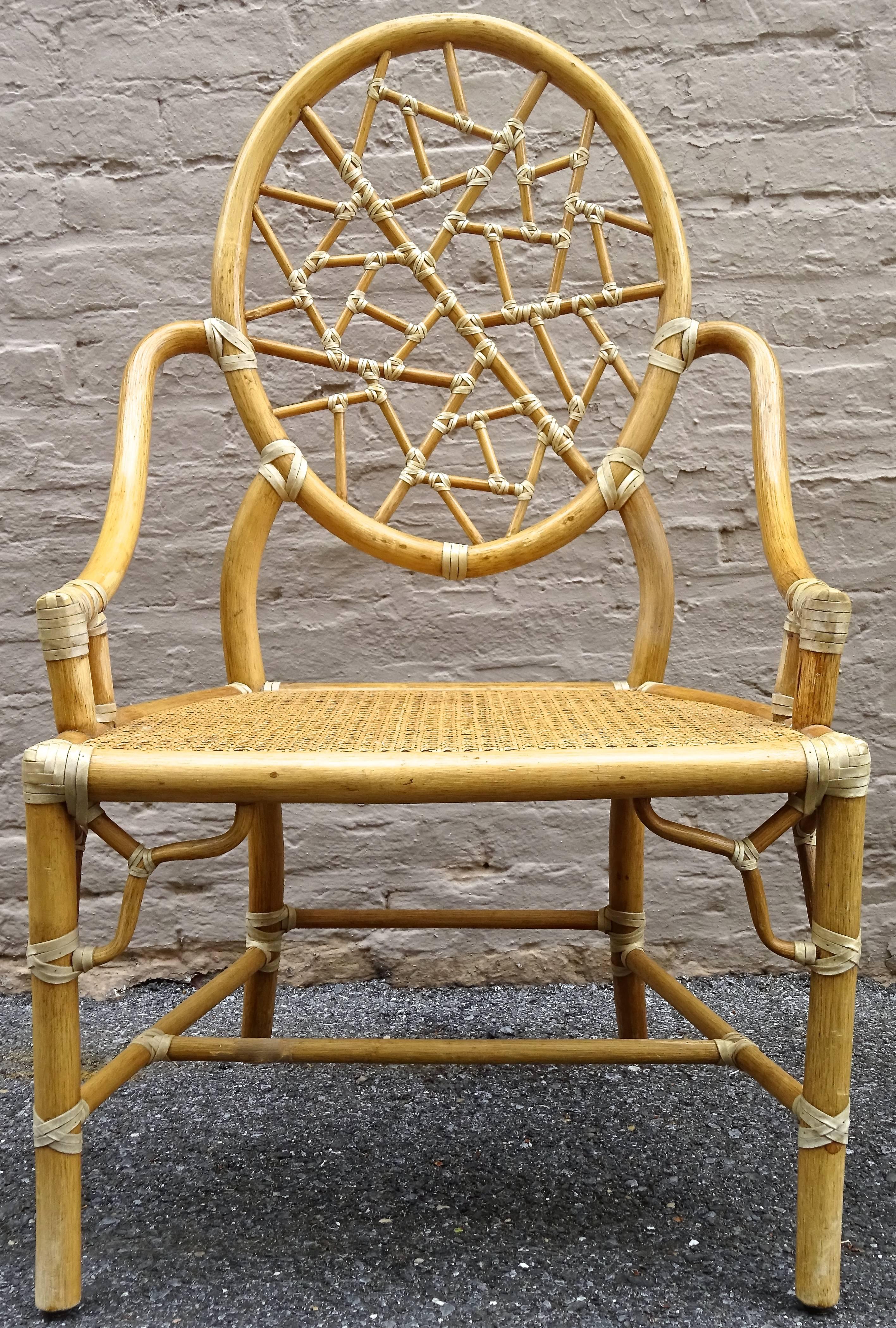 American Chic Set of Four of 1970s McGuire Chinoiserie Wrapped Rattan Dining Chairs For Sale