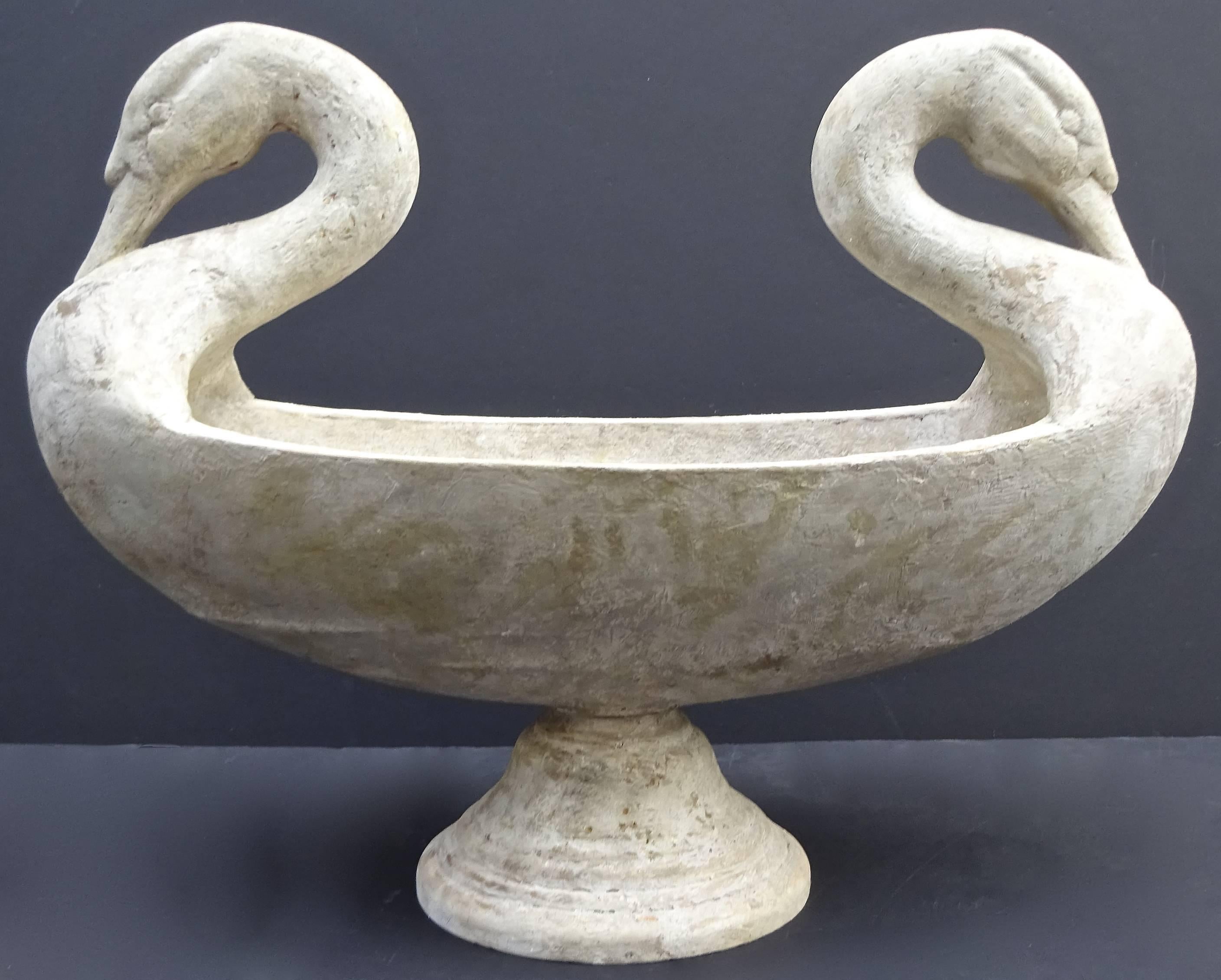 Exquisite large 1960s double swan head planter or large centerpiece bowl, with a wonderful distressed antiqued painted finish very reminiscent of Swedish furniture. This would be a fabulous centerpiece on a large dining table or dining room