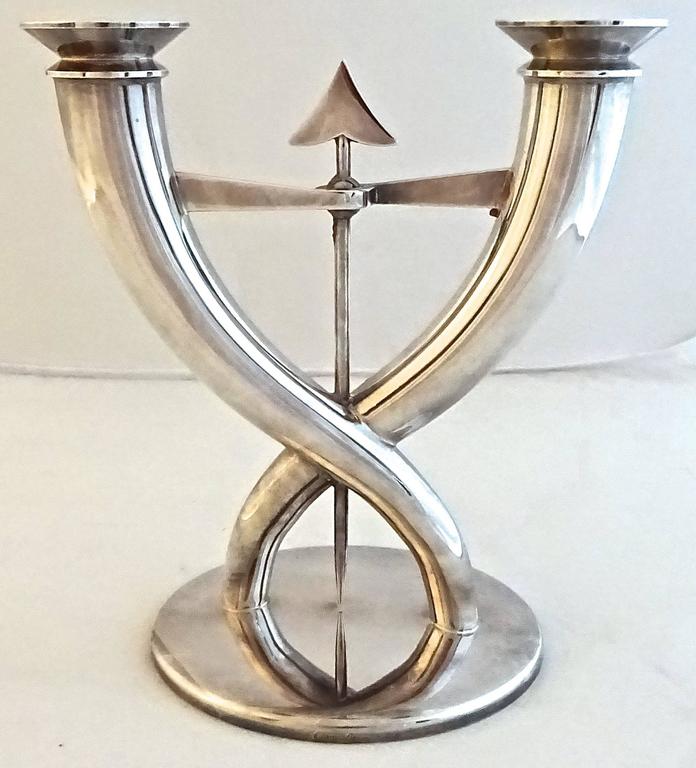 Great Italian deco silver plate candelabra designed by Gio Ponti for Christofle, France. This piece was originally designed in the 1930s, but this is a later production piece from the 1980s.