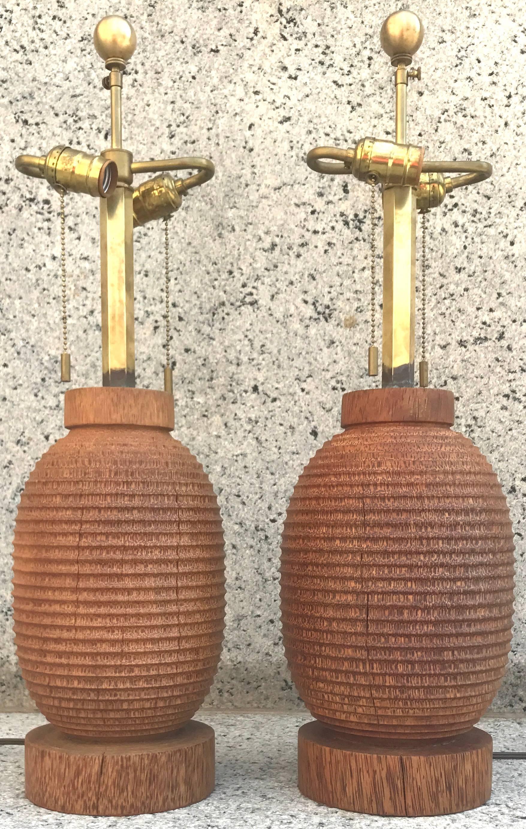 Fabulous pair of Angelo Donghia turned coconut wood table lamps, 1980s.