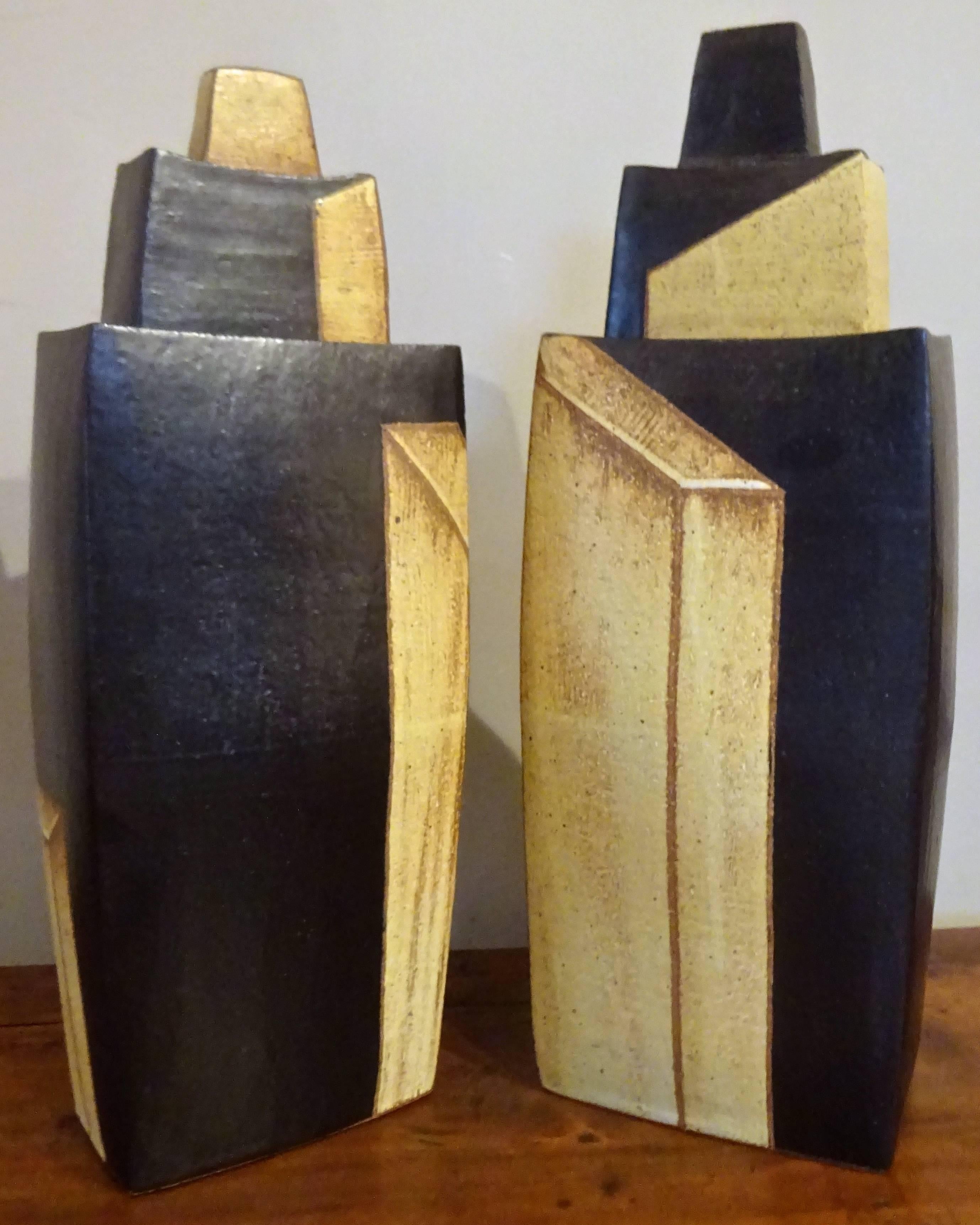 Tall pair of Sequoia Miller art pottery covered urns, 2009.