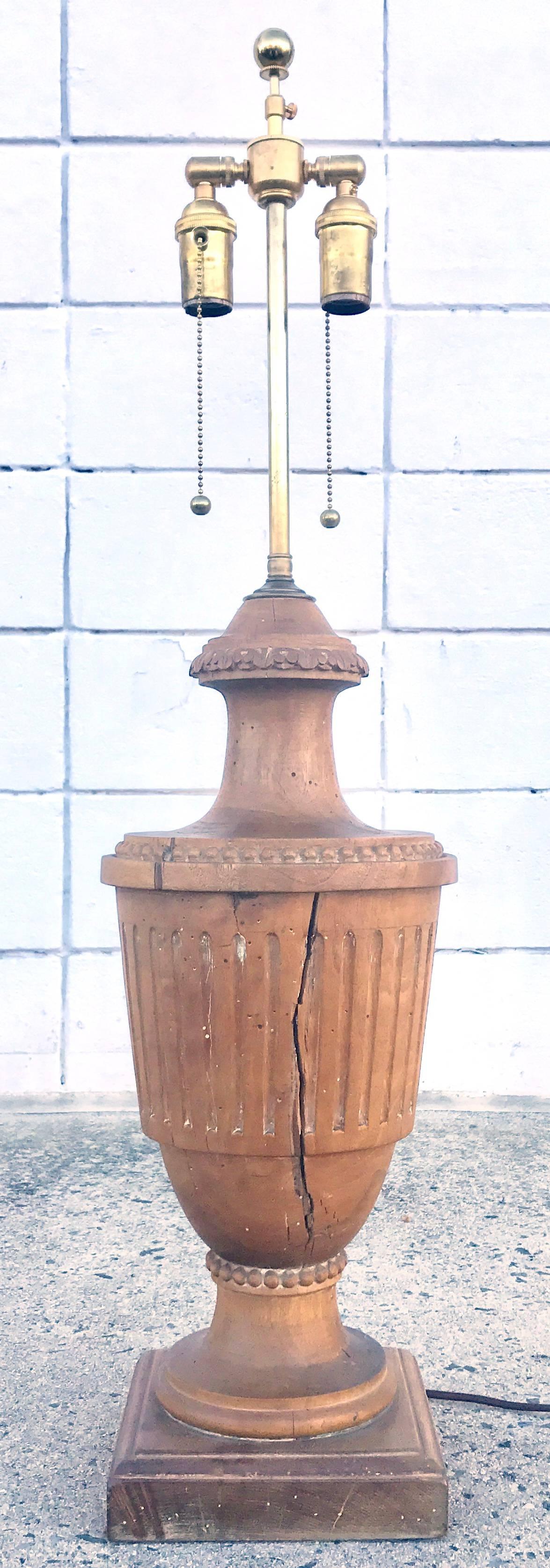 Fabulous large-scale 18th century Italian carved walnut urn from an architectural setting, mounted as a lamp in the 1940s by famed long island interior design firm, Lincoln Interiors. This lamp has acquired a gorgeous rich patina with time, and has