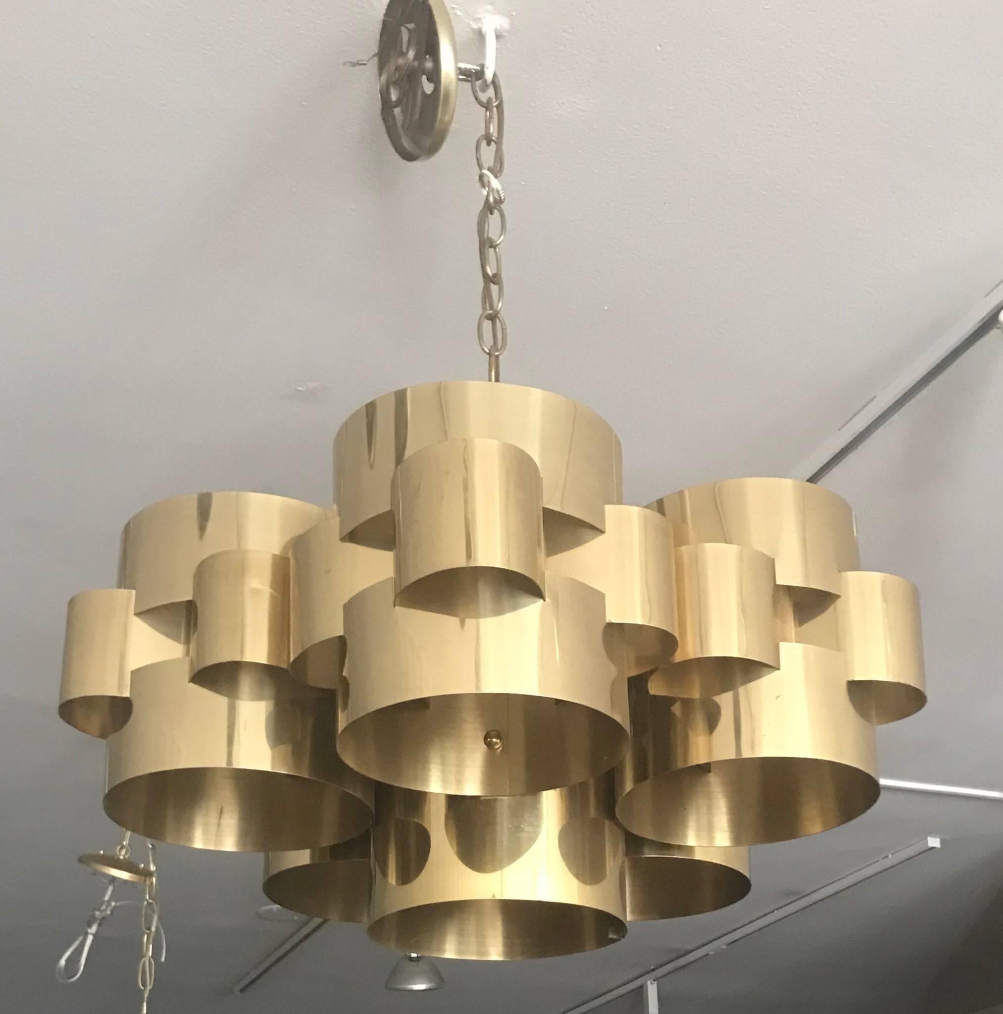 Fabulous large scale brushed brass chandelier designed by Max Sauze in the 1970s in France.  Wonderful sculptural form with tremendous sculptural presence!