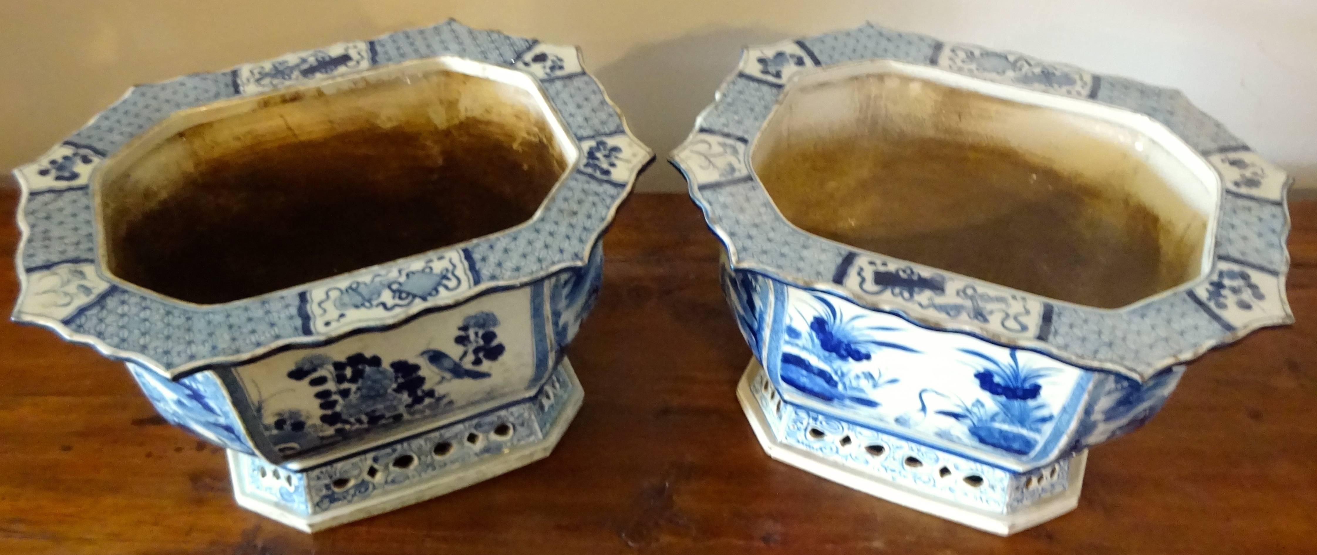 Hand-Painted Pair of Chinese Blue and White Porcelain Jardinieres