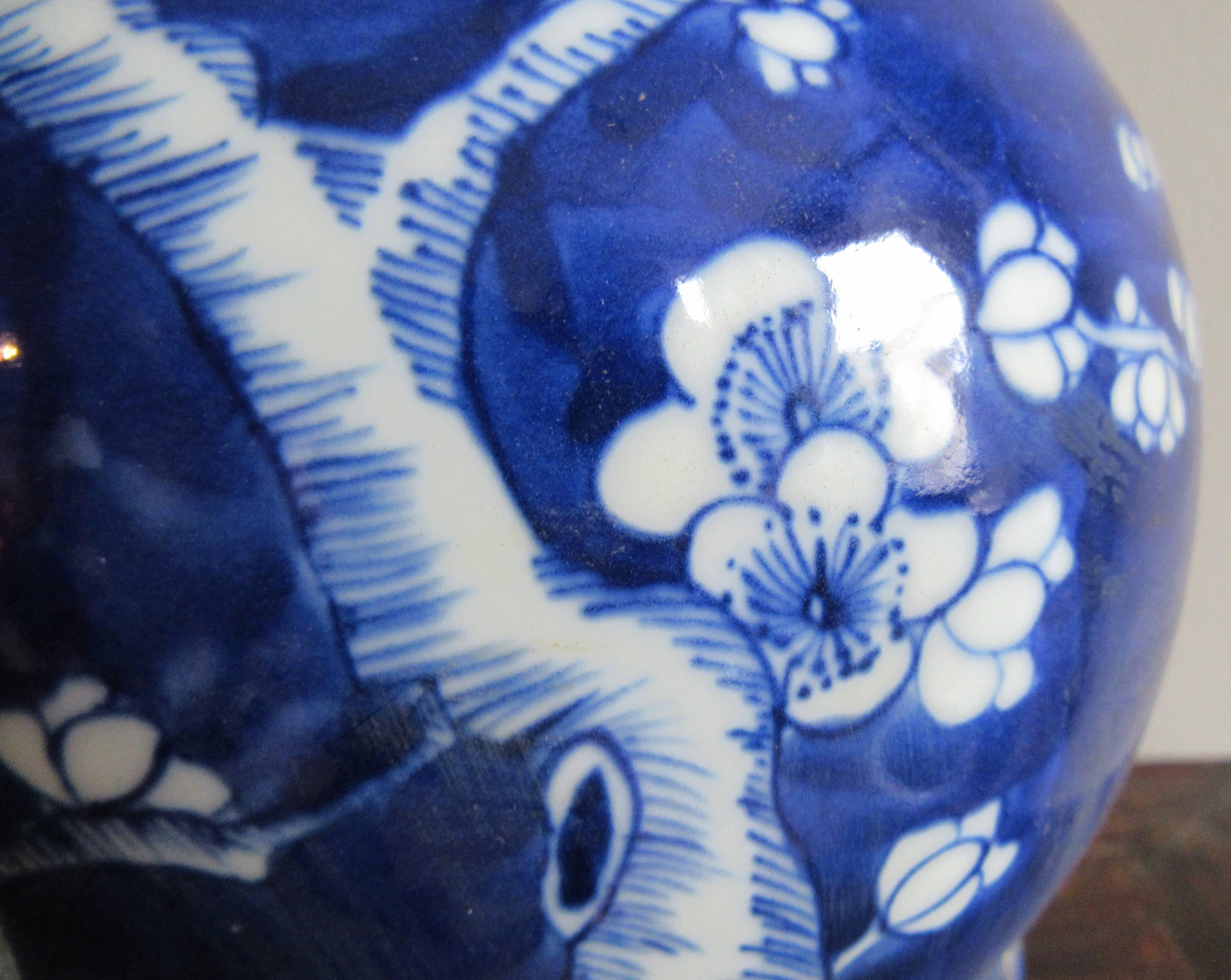 Hand-Painted Pair of Chinese Blue & White Porcelain Baluster Vases with Cherry Blossom Motif