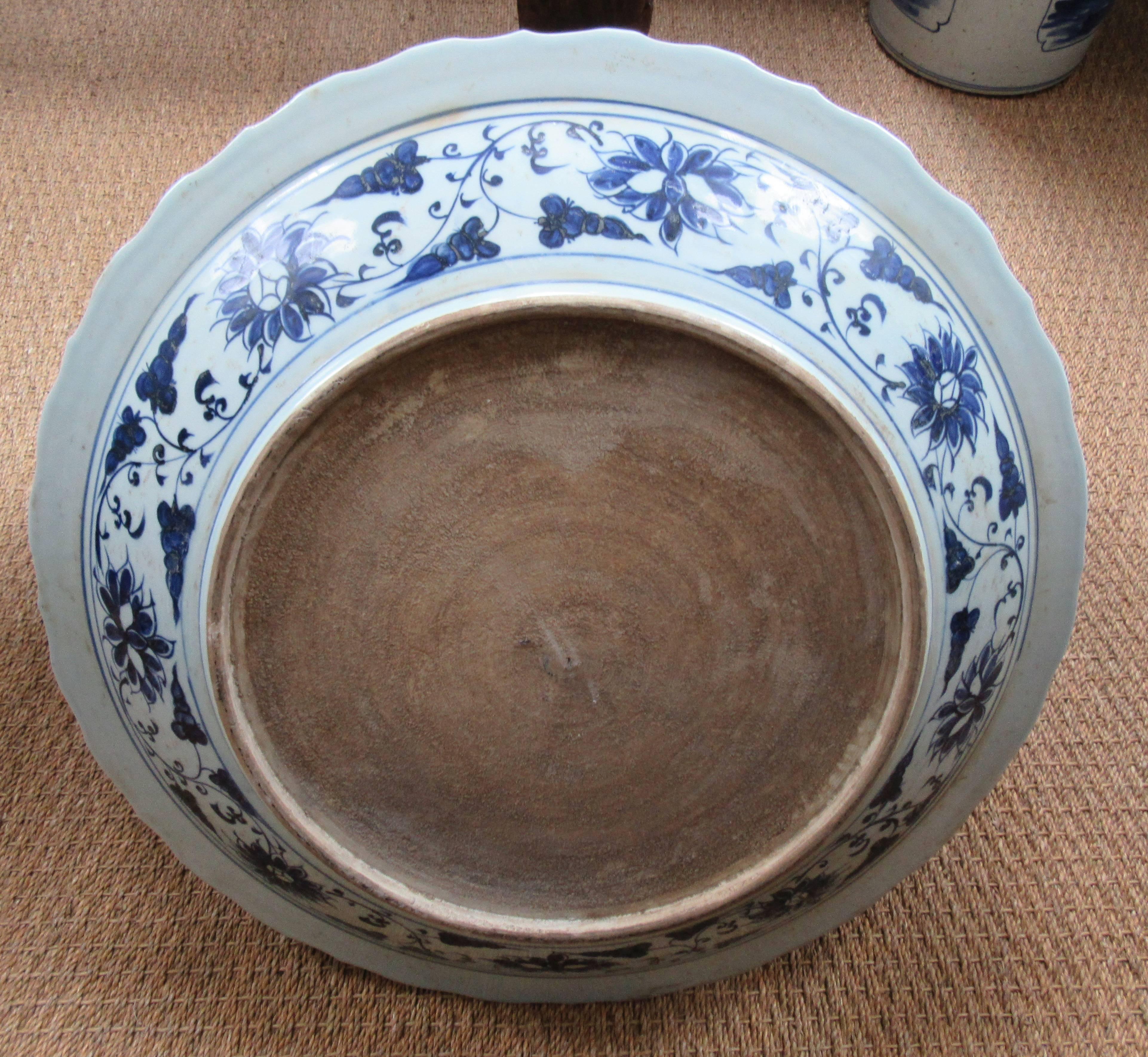 Hand-Painted Monumental Chinese Blue and White Porcelain Charger