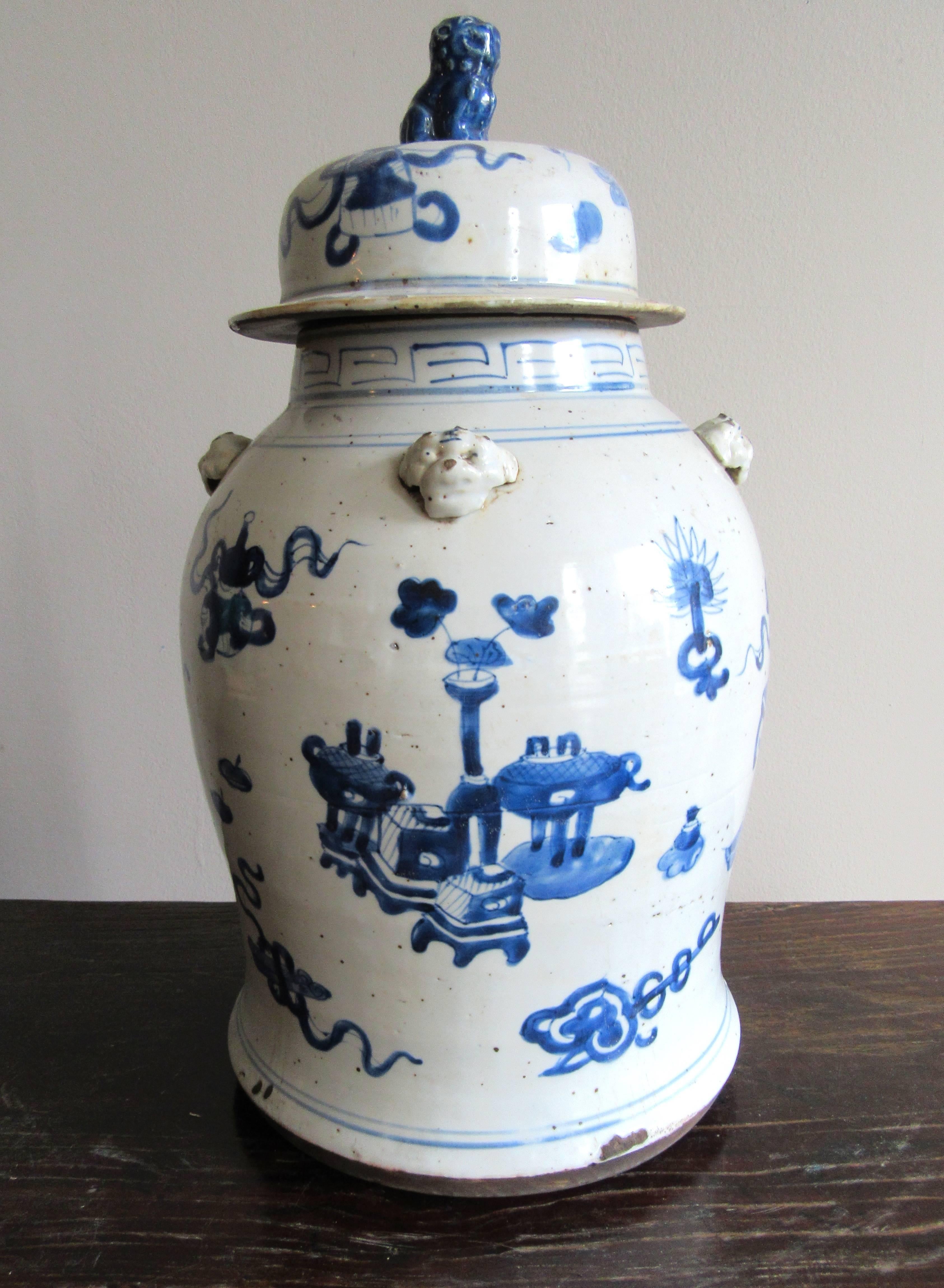 Hand-Painted Large Pair of Chinese Blue and White Porcelain Ginger Jars