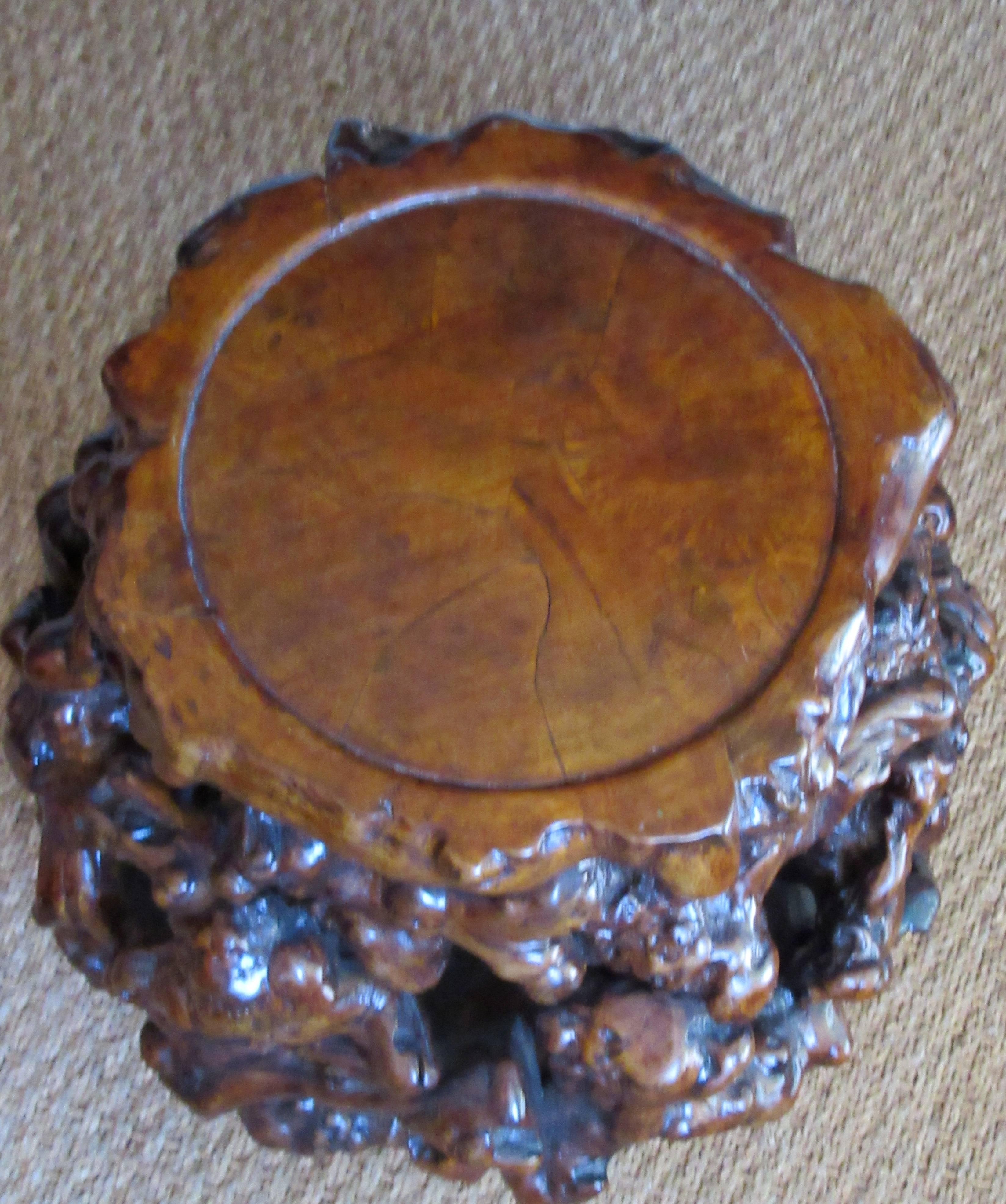 Classic vine root constructed drum shaped stool or table with burl wood top. Compelling depth of color and organic design. The piece measure is 16