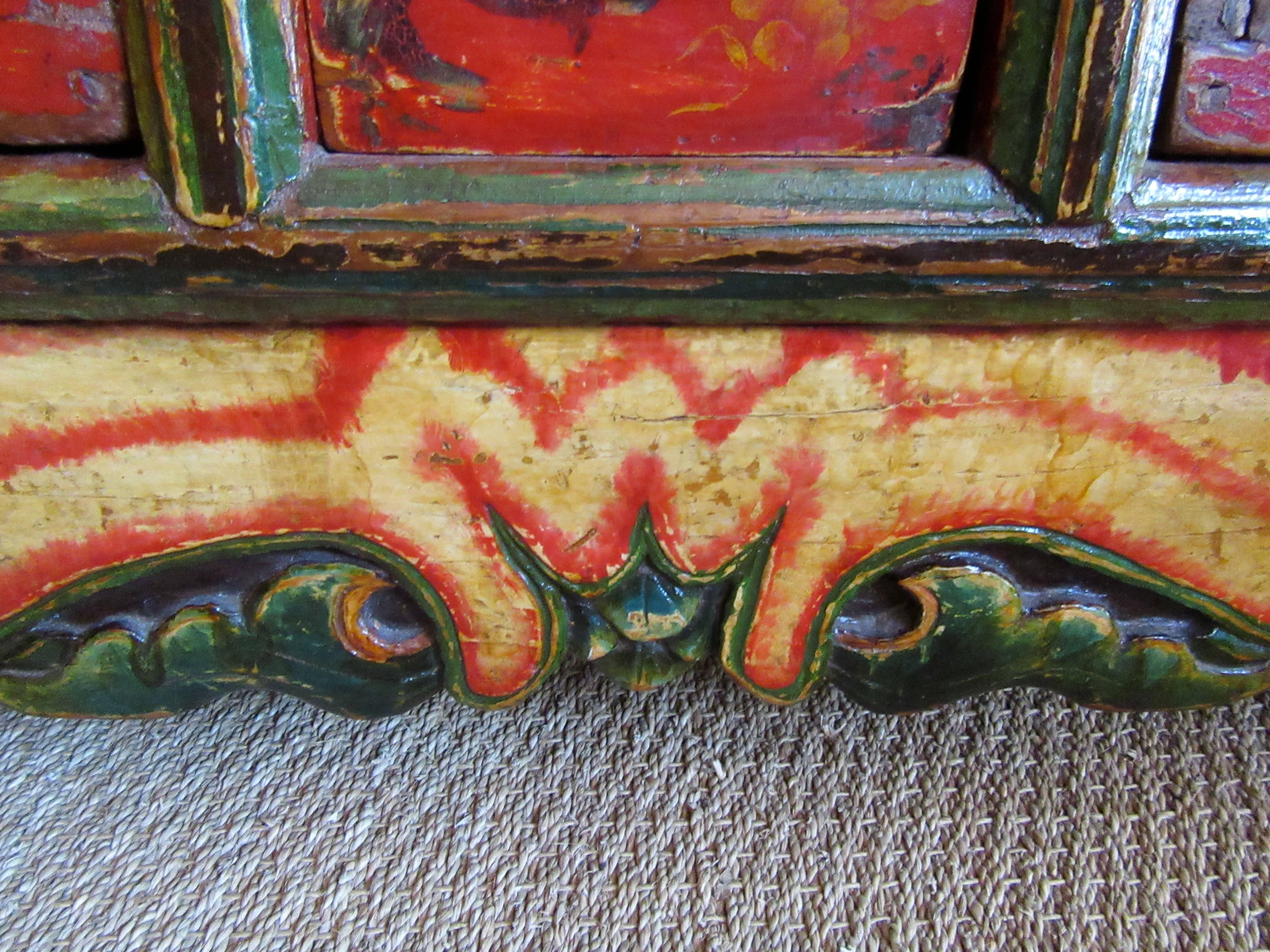 Tibetan 19th Century, Mongolian Hand-Painted Low Cabinet For Sale