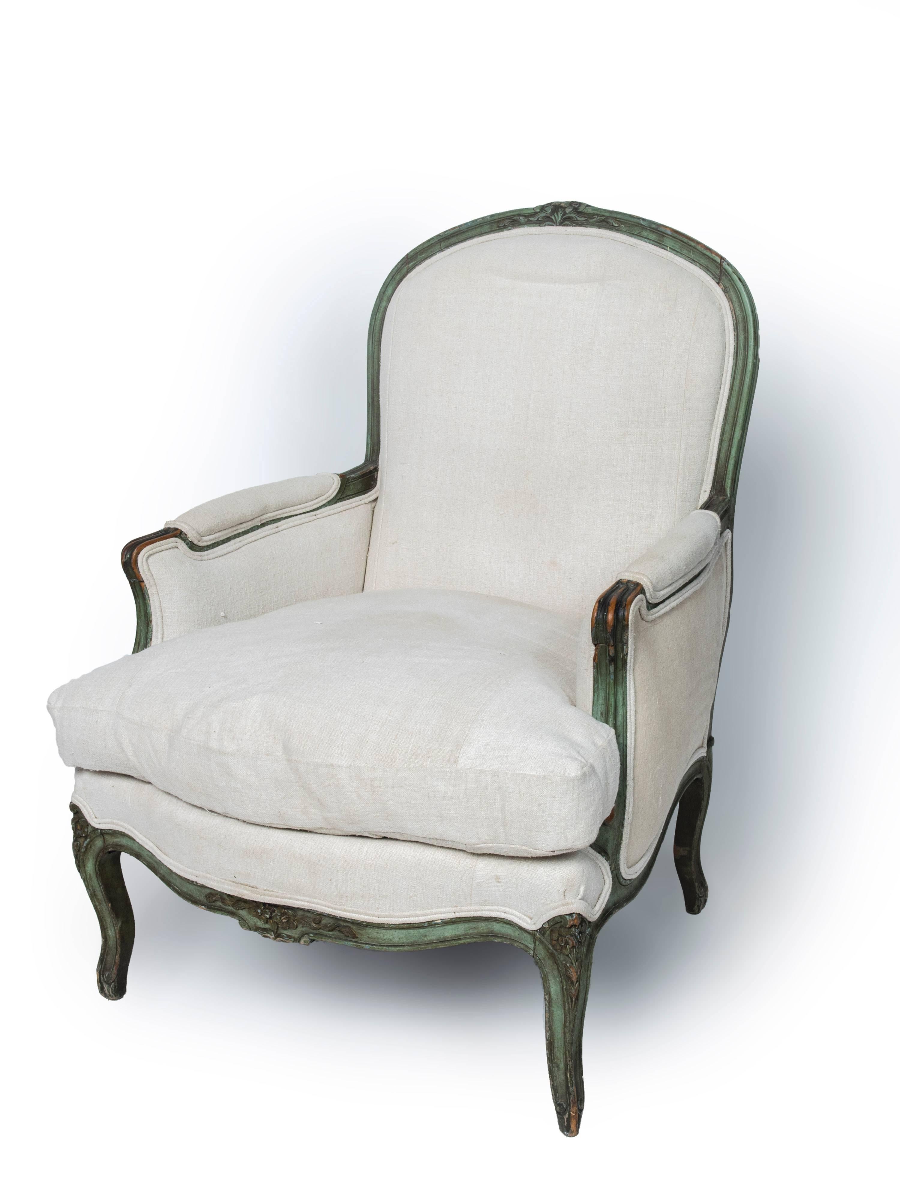 Pair of Green Painted Louis XV Bergeres In Good Condition In Washington, DC