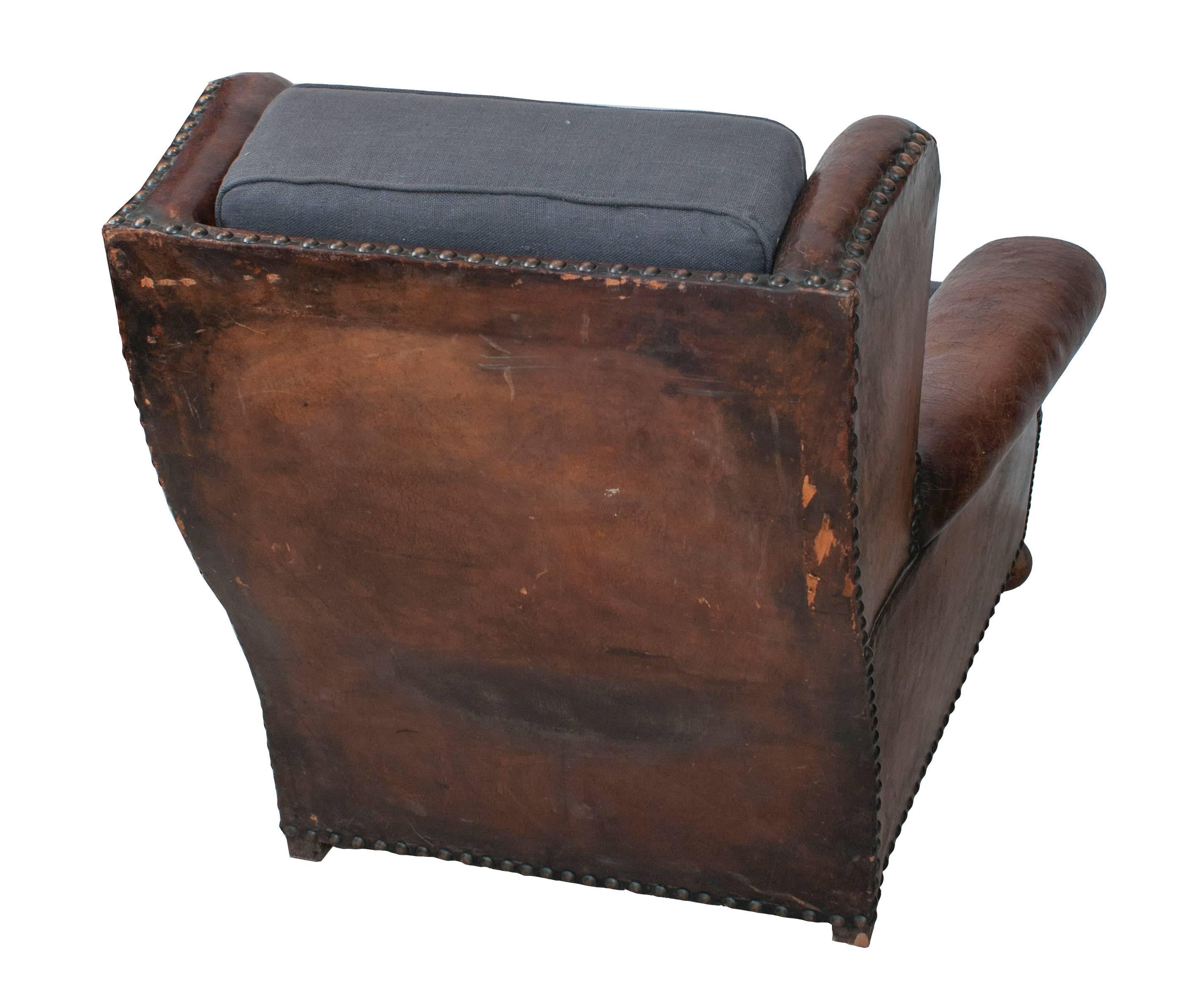 brown vintage leather chair light linen back
