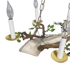 Small Yellow, Green Painted Chandelier in the Form of a Log, with Leaves