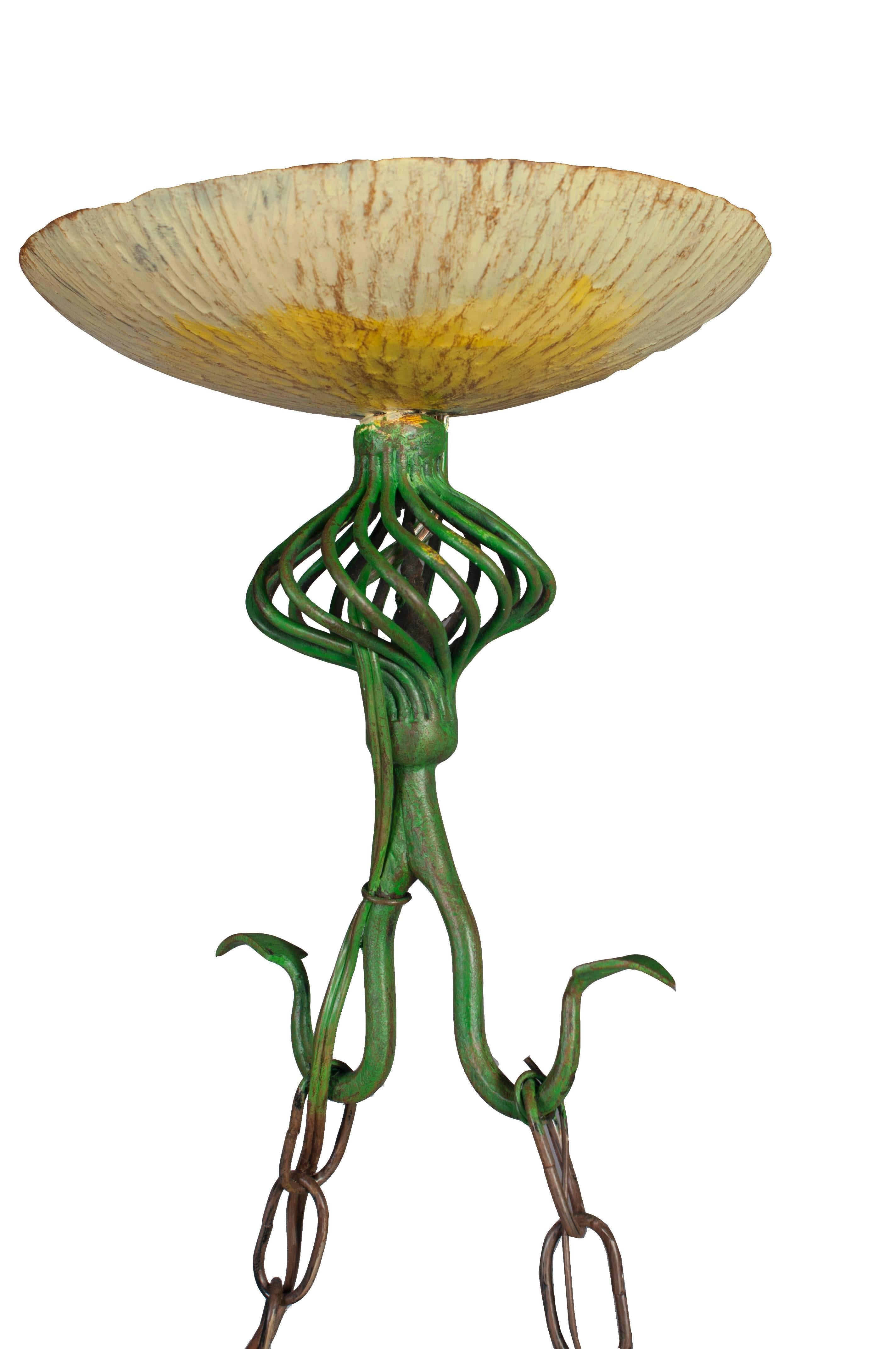 French Small Yellow, Green Painted Chandelier in the Form of a Log, with Leaves For Sale