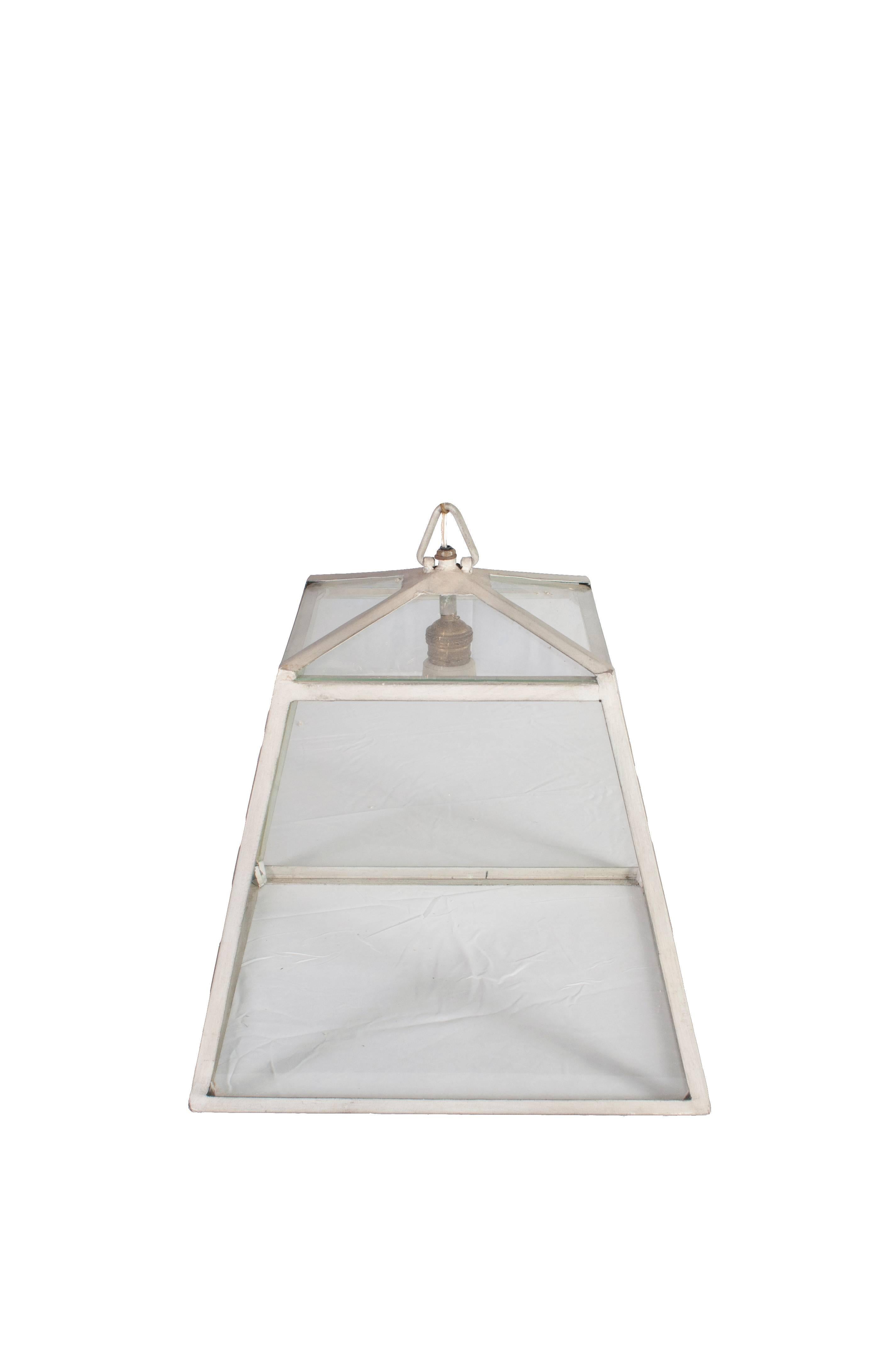 Trapezoidal glass and metal frame Herve Baume lanterns. Rewired to US specifications.