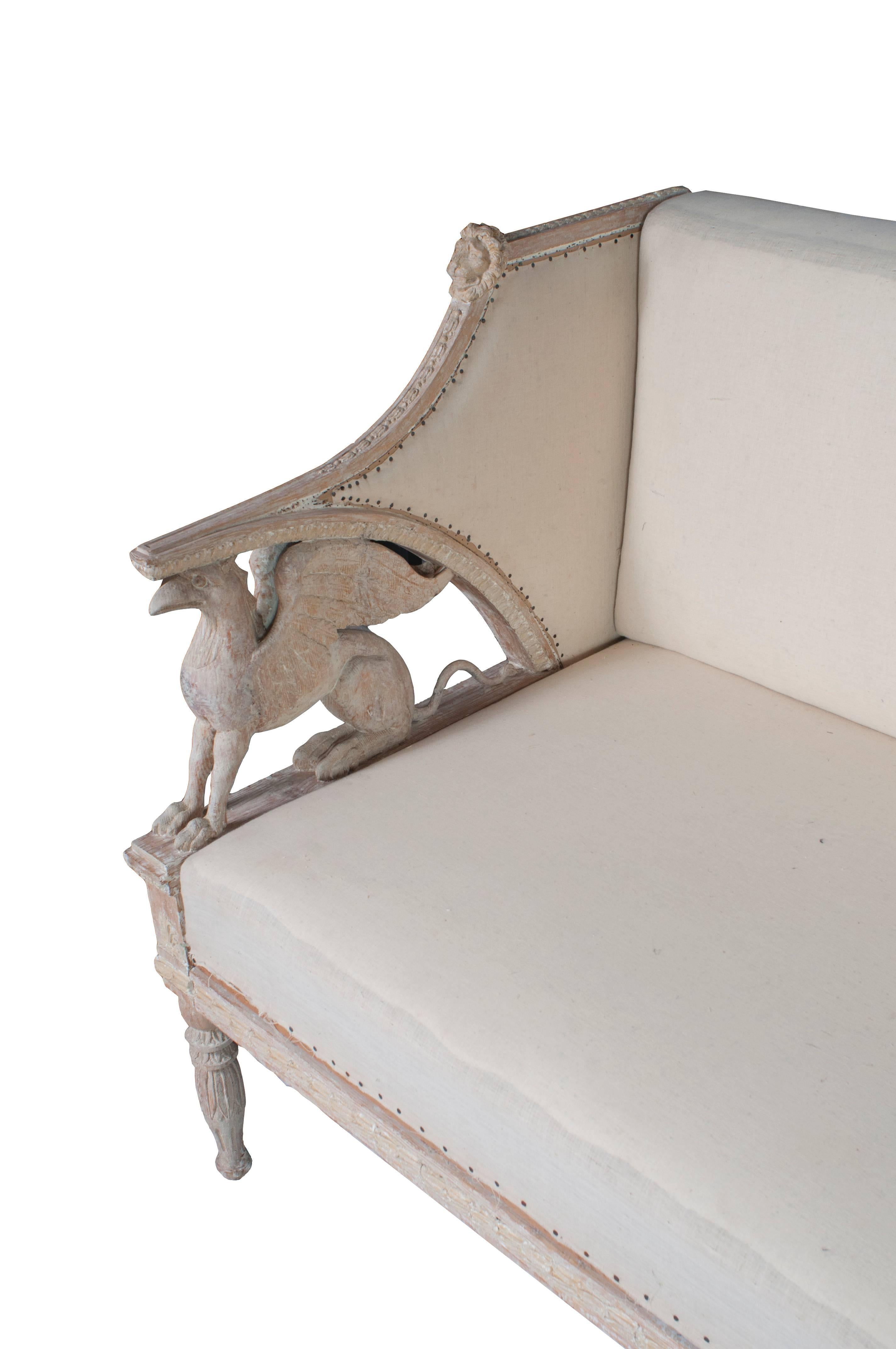Swedish Rare Neoclassical Carved and Painted Griffin Sofa