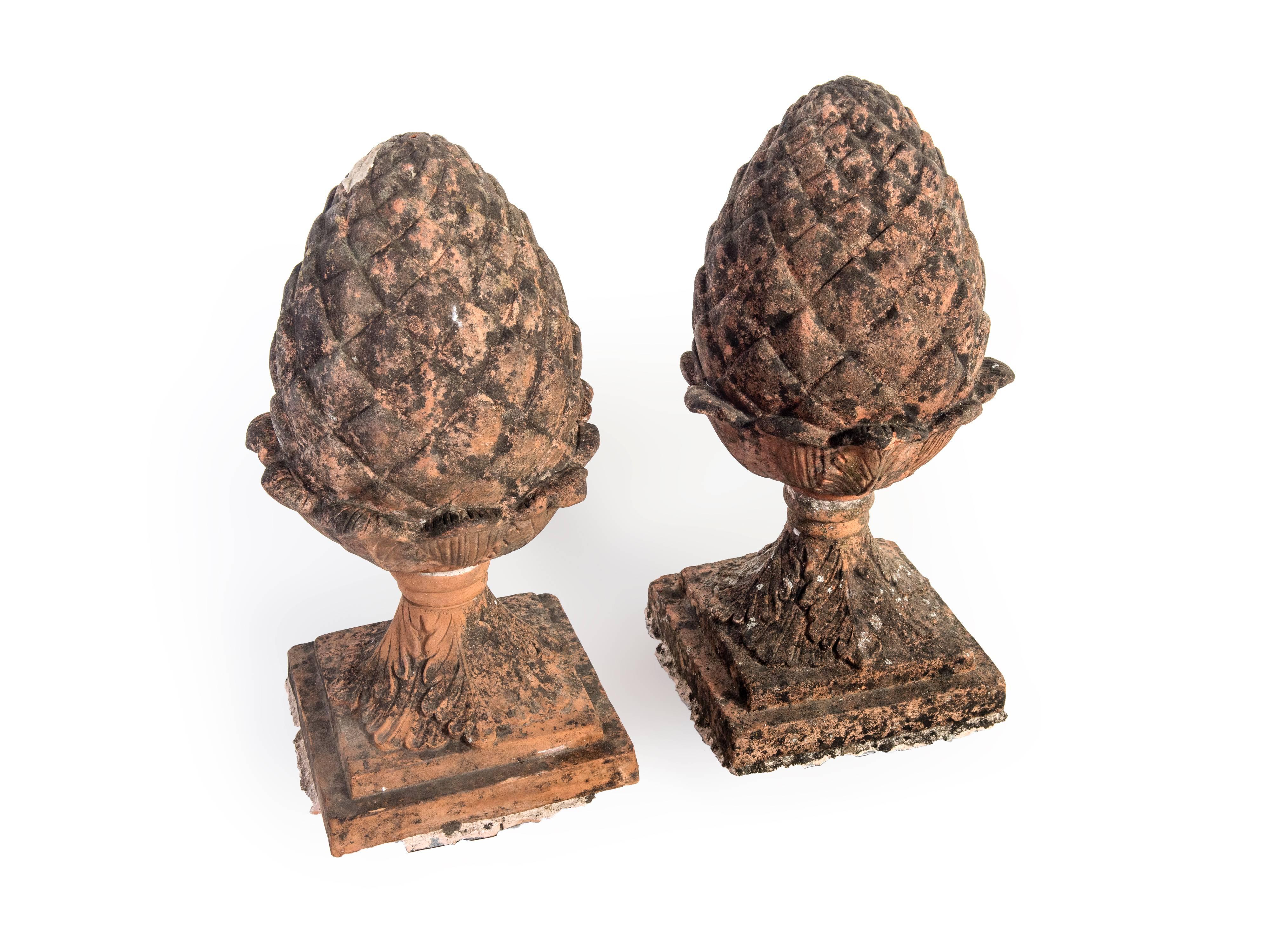 French Pair of Red Terra Cotta Pineapple Garden Finials