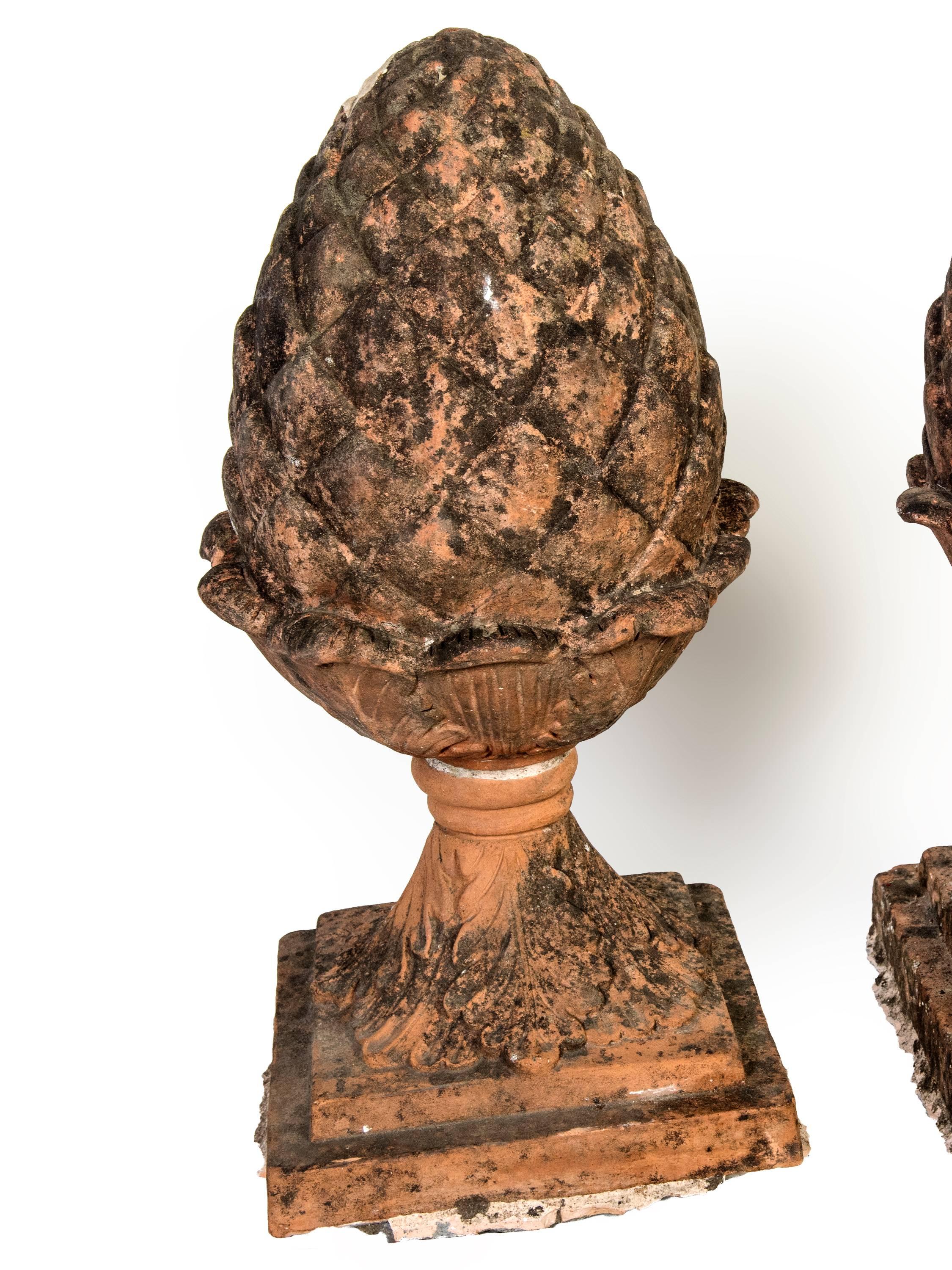 19th Century Pair of Red Terra Cotta Pineapple Garden Finials