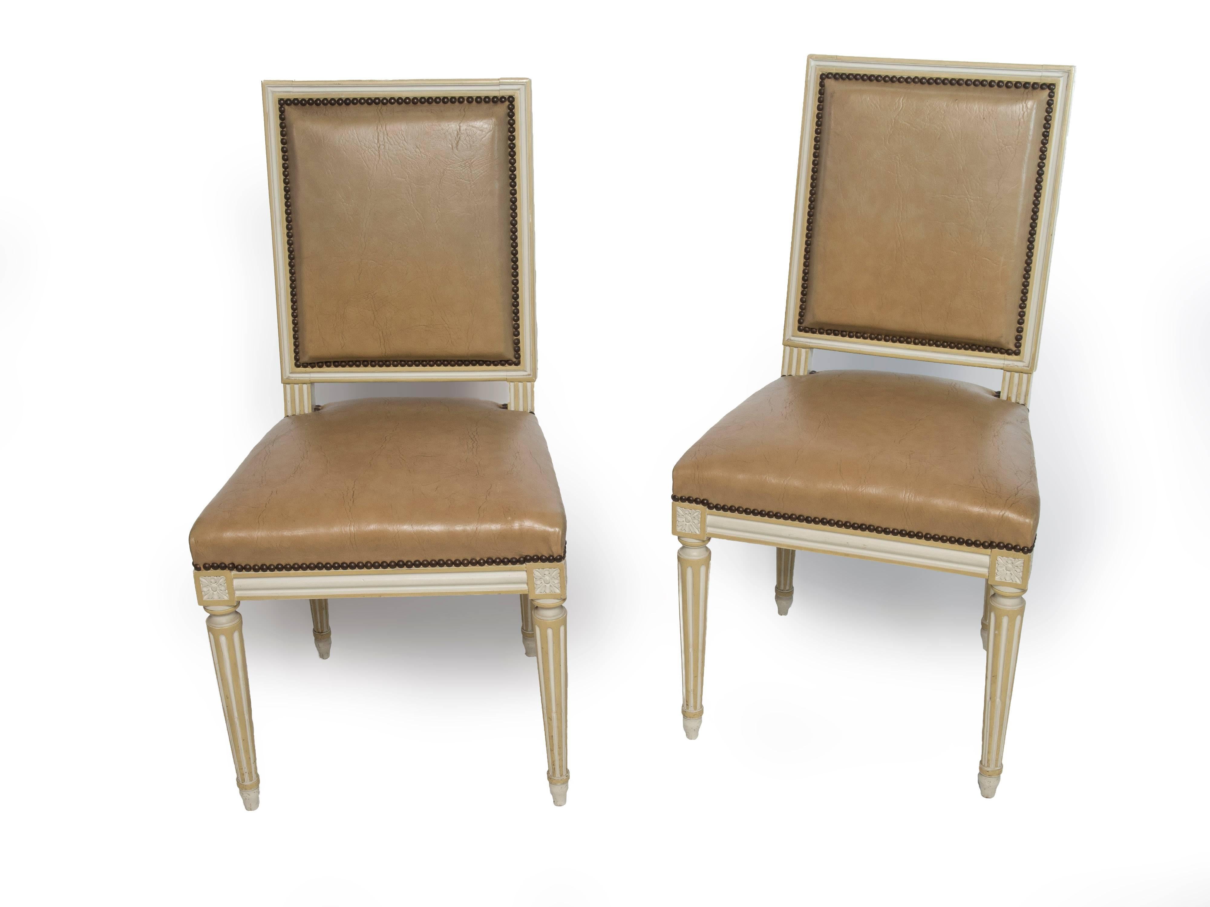 French Set of Four Square Back Louis XVI Dining Chairs Covered in a Tan Leather