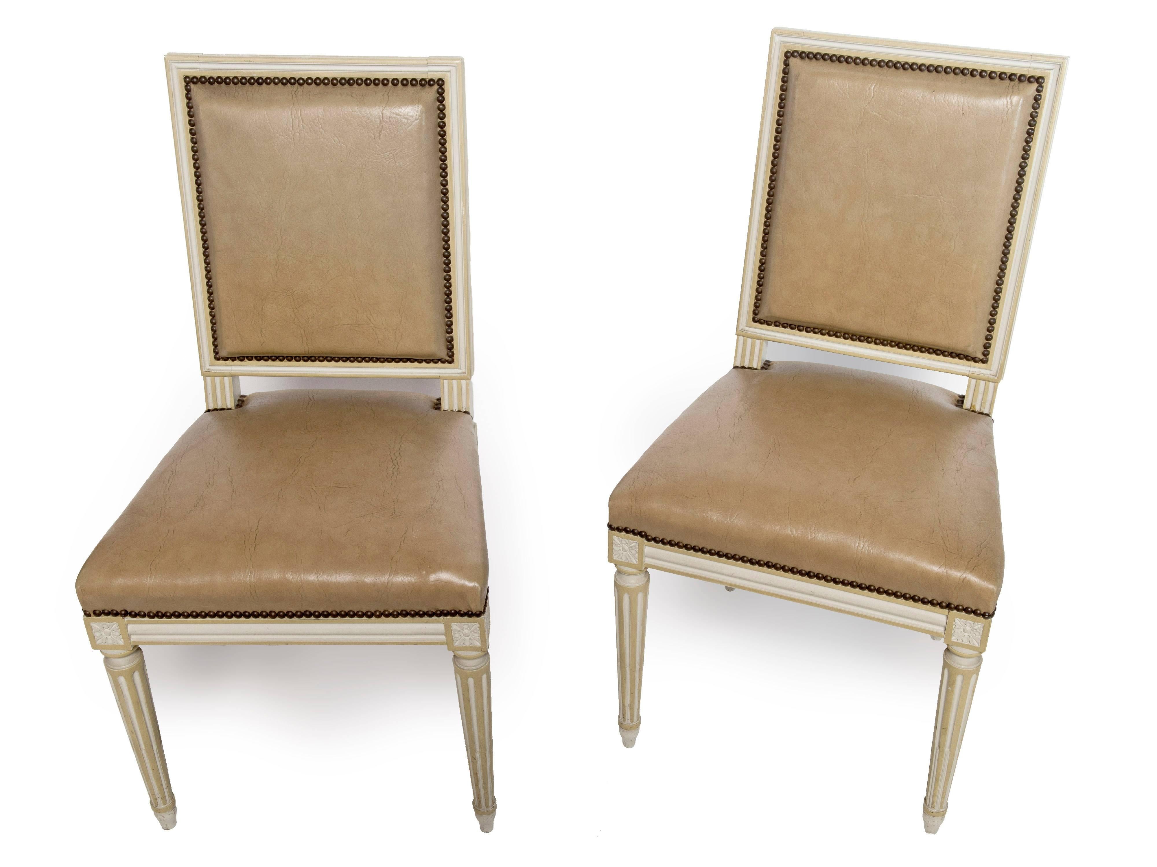 Set of Four Square Back Louis XVI Dining Chairs Covered in a Tan Leather In Excellent Condition In Washington, DC