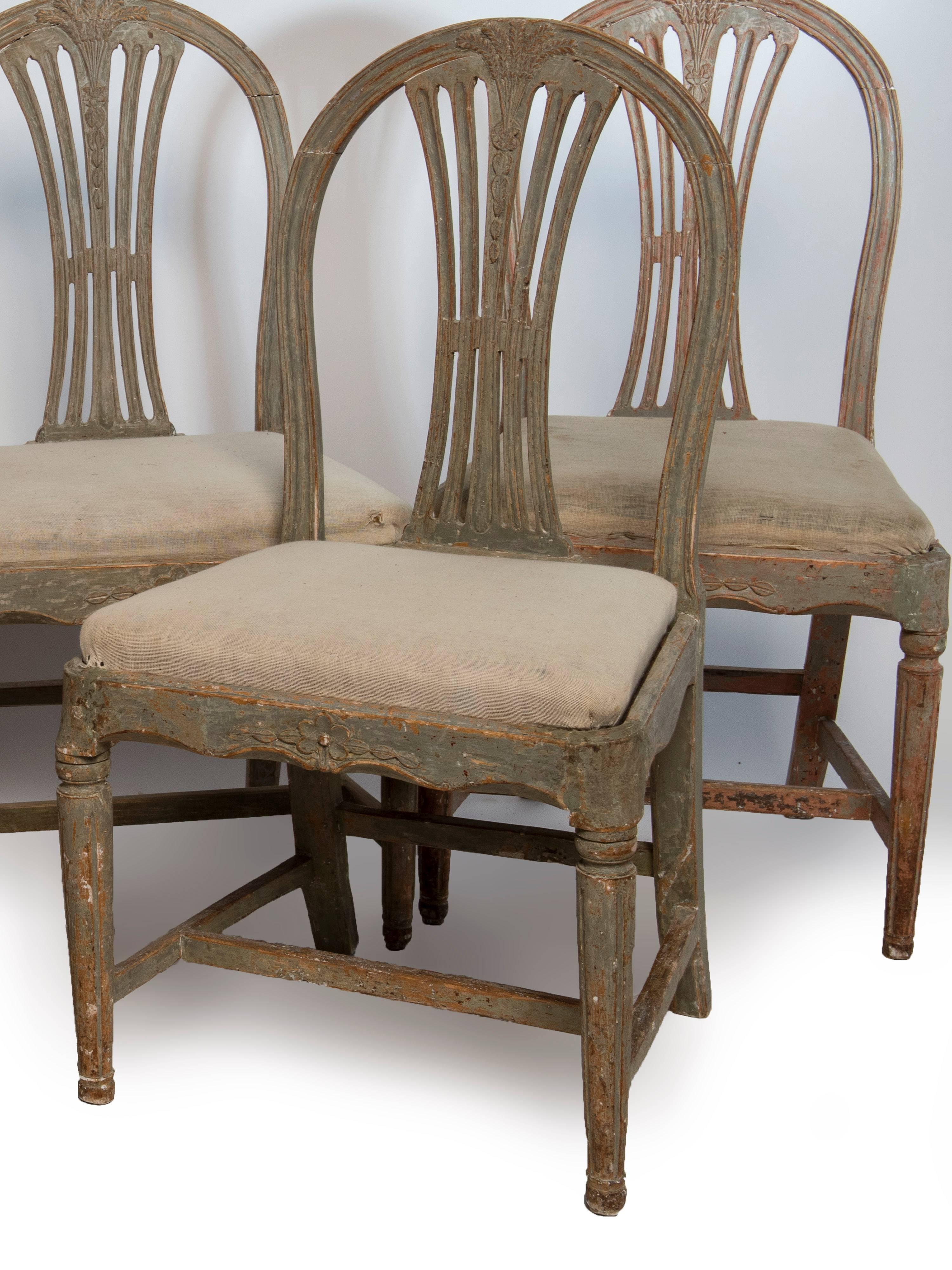 A very nice set of six hand-painted Gustavian dining chairs, they have wear which is consistent with age.