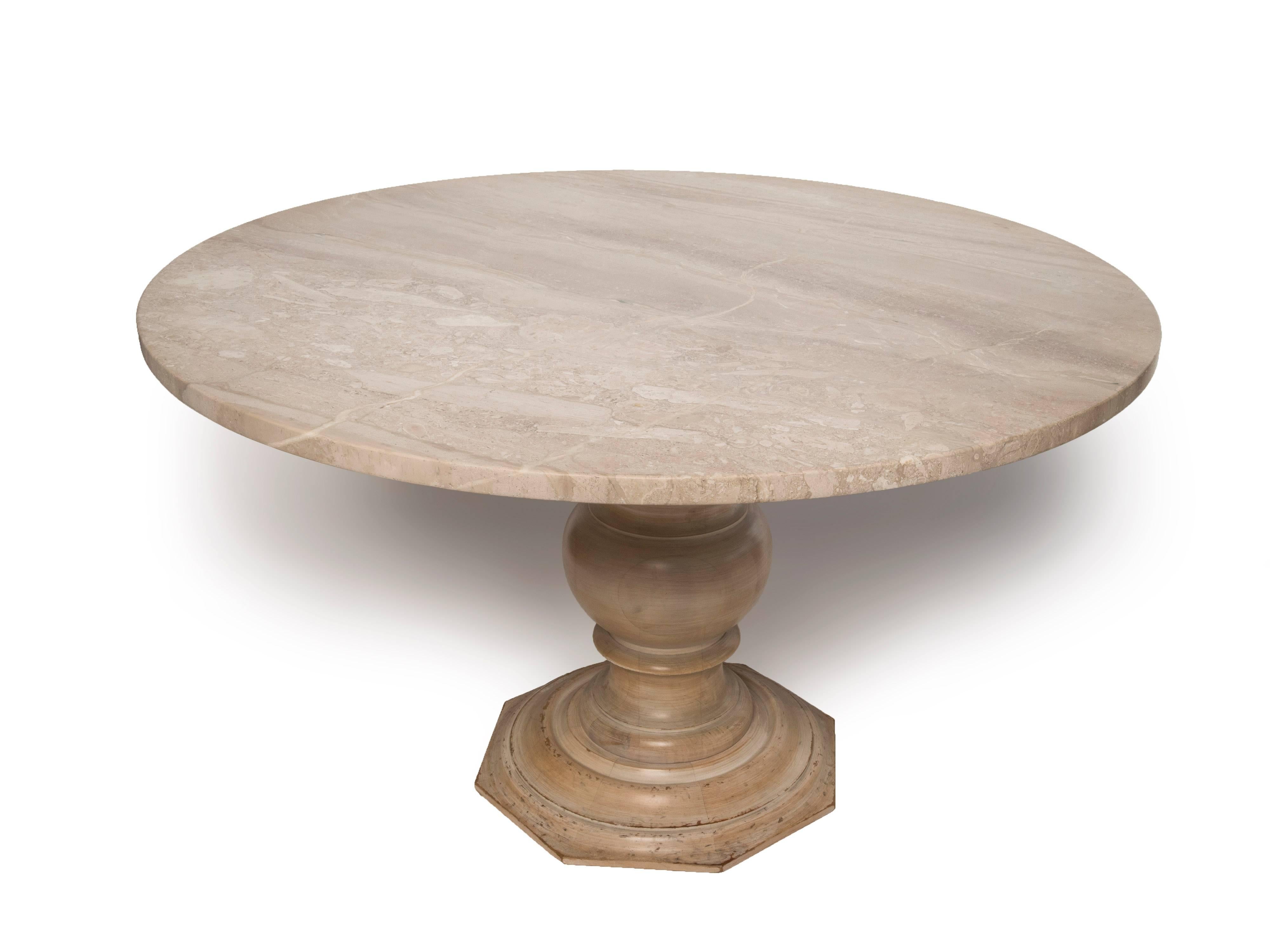 A fruitwood gueridon dining table or center table with a new round limestone top.