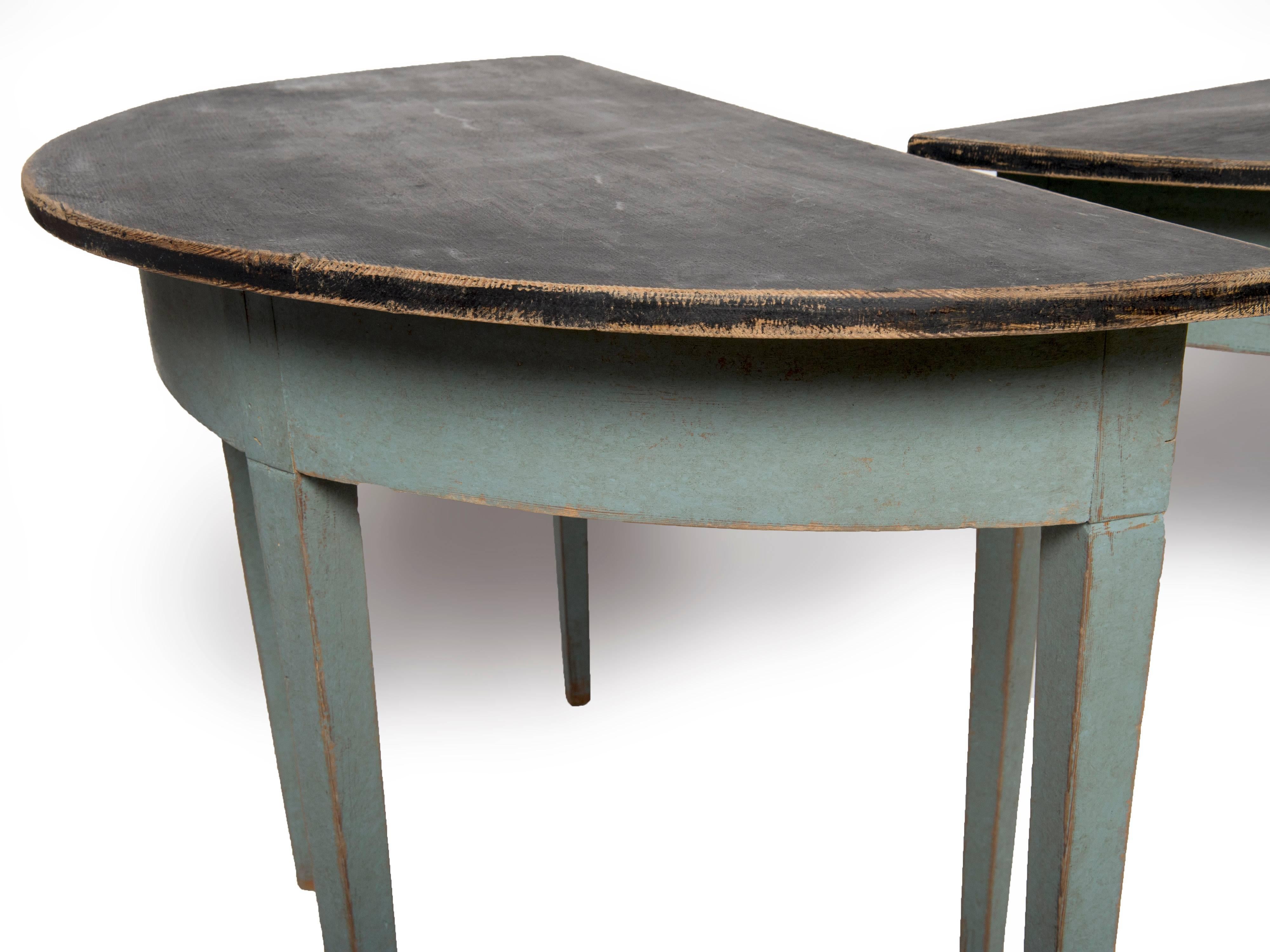 Swedish Pair of Blue Painted Demilune Tables