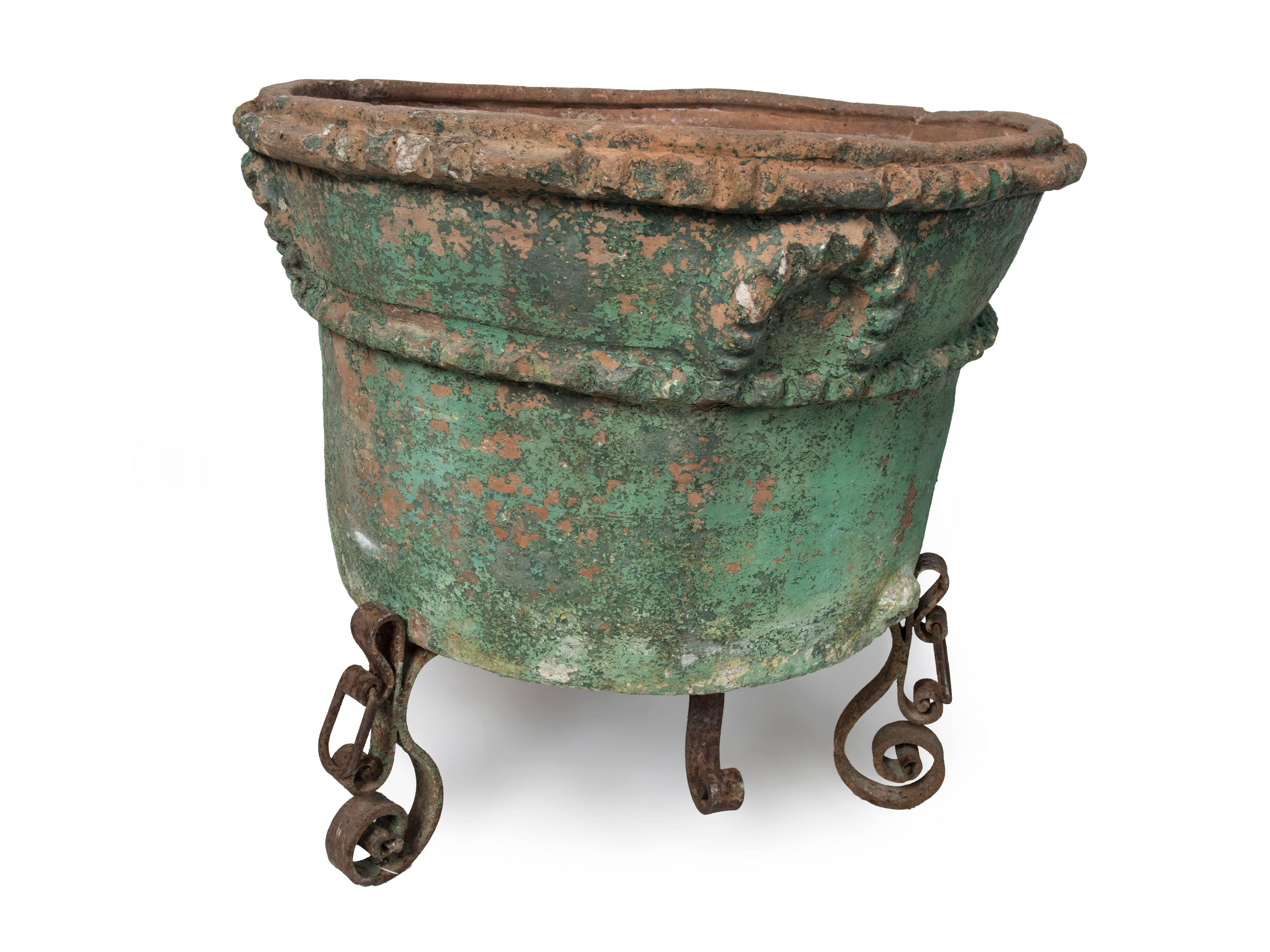 Large Painted Terra Cotta Planter with a Wrought Iron Stand In Fair Condition In Washington, DC