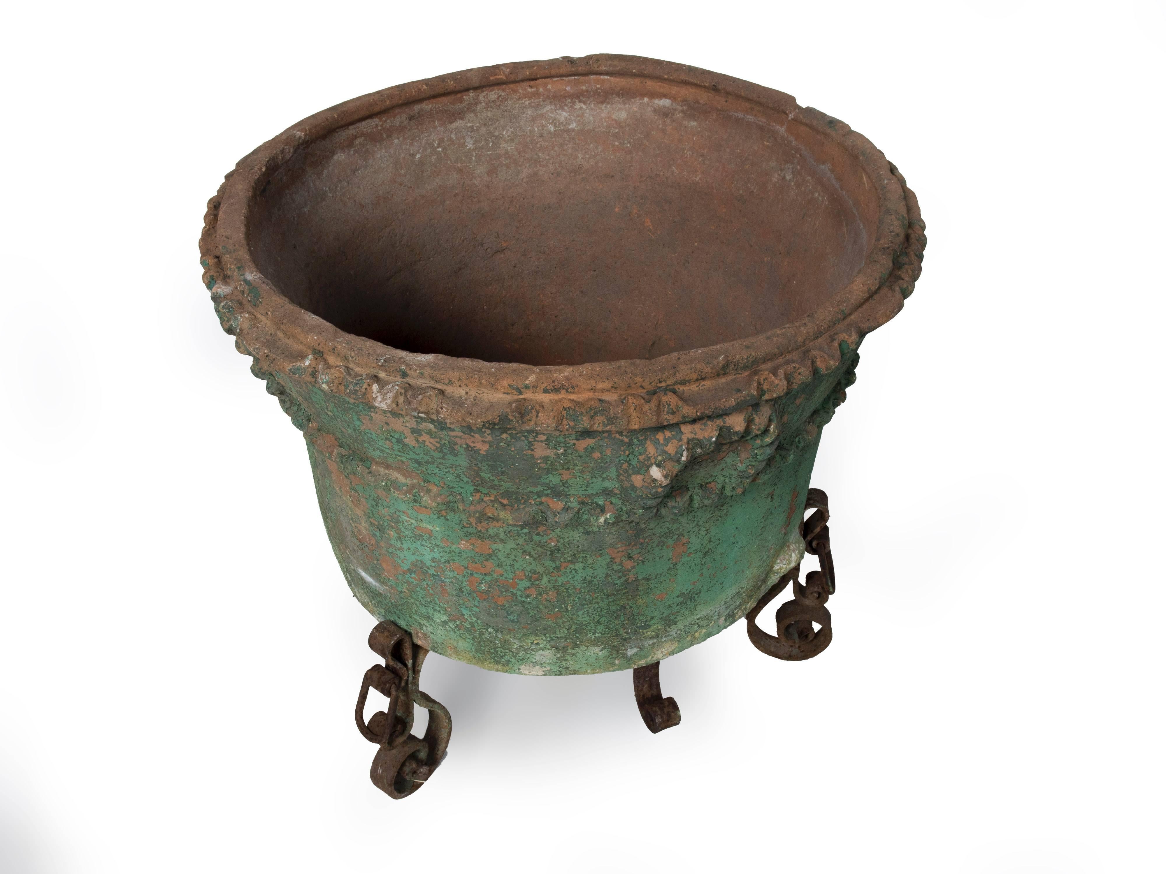 19th Century Large Painted Terra Cotta Planter with a Wrought Iron Stand