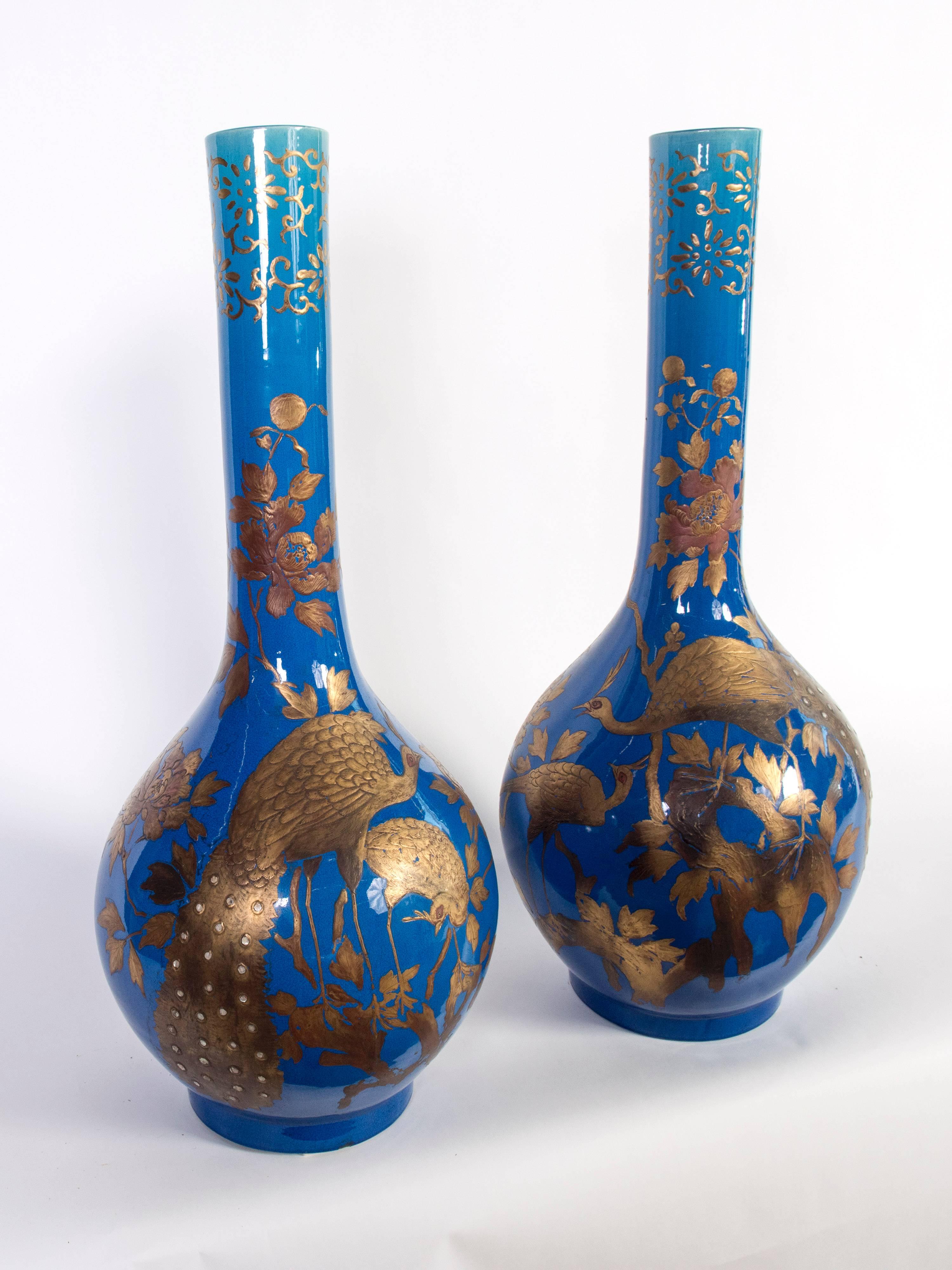 French Pair of Blue and Gold Vases For Sale