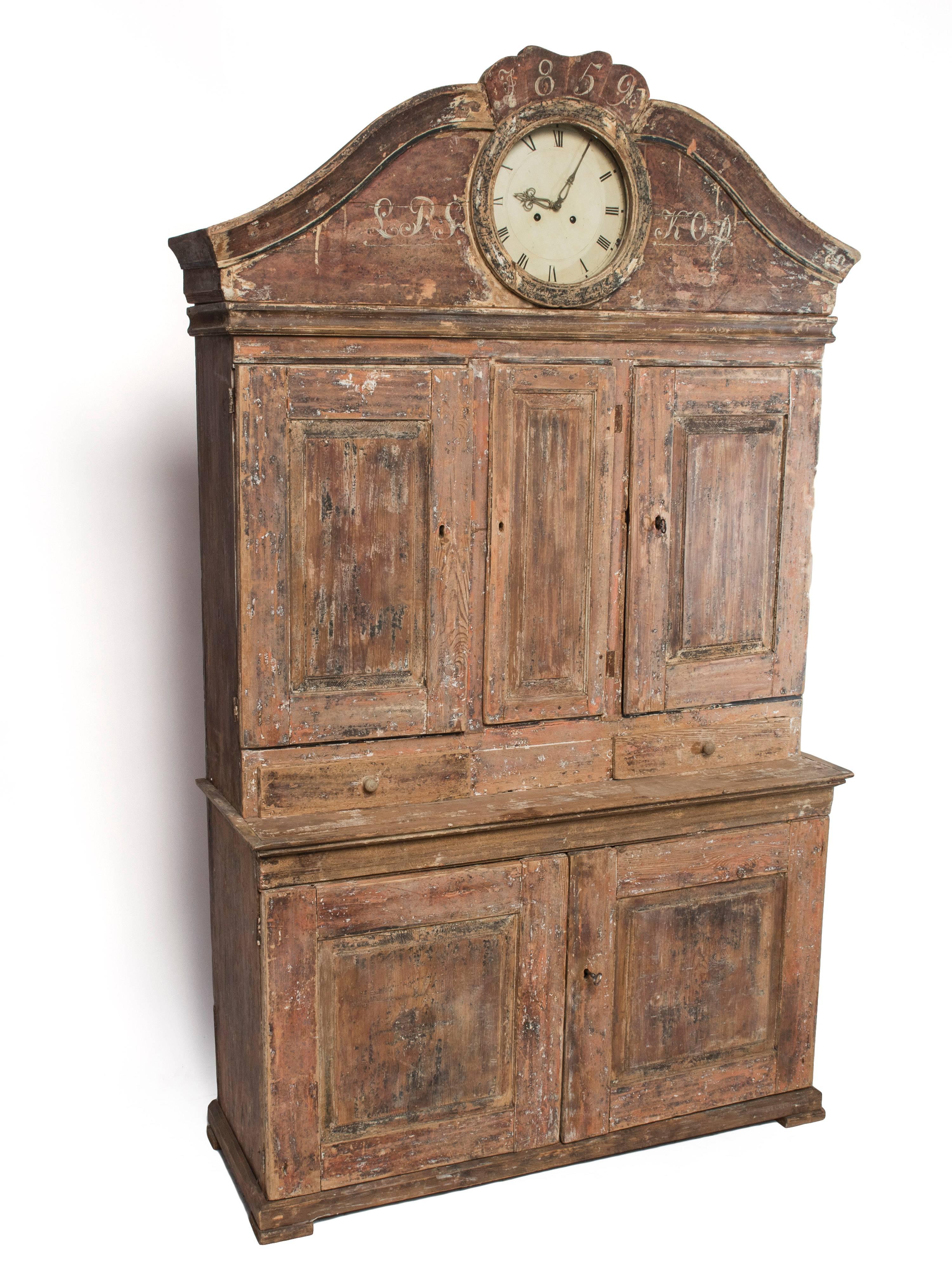 19th Century Rare Painted and Scraped Faux Grain Gustavian Clock Cabinet For Sale