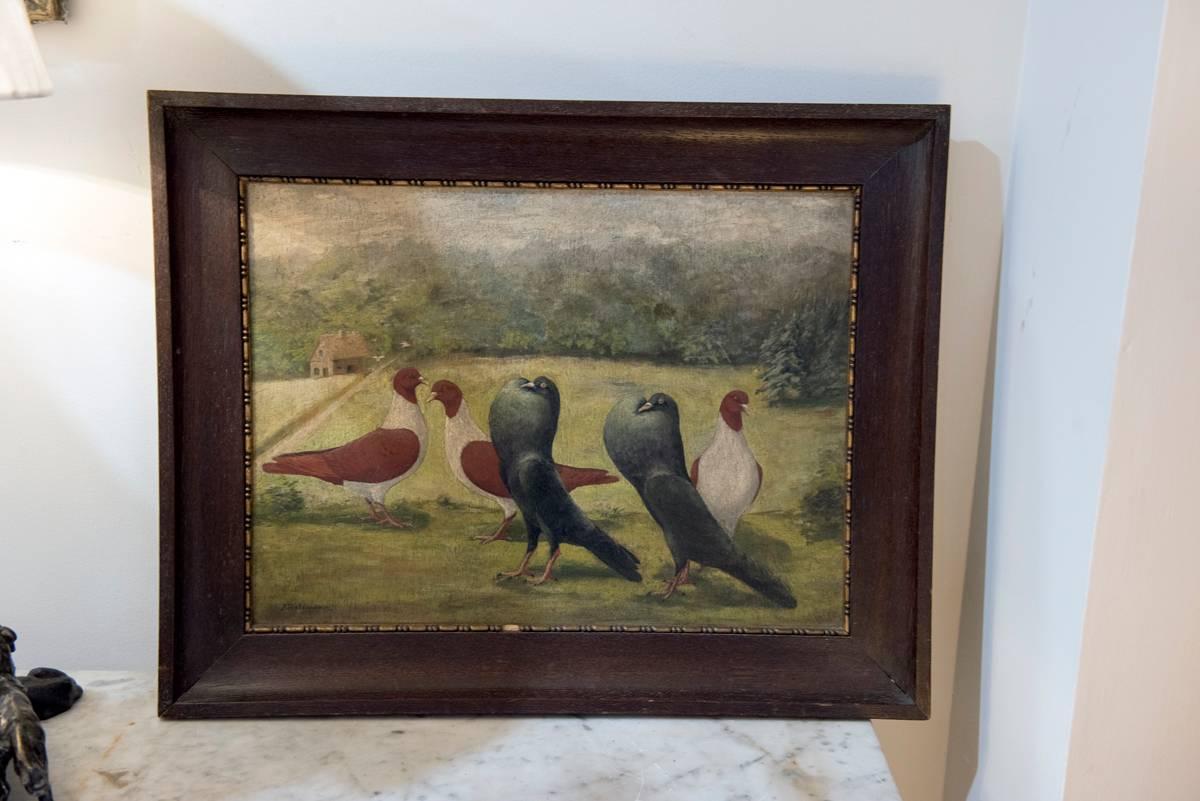 French Early 20th Century Provencal Parading Pigeons Oil Painting