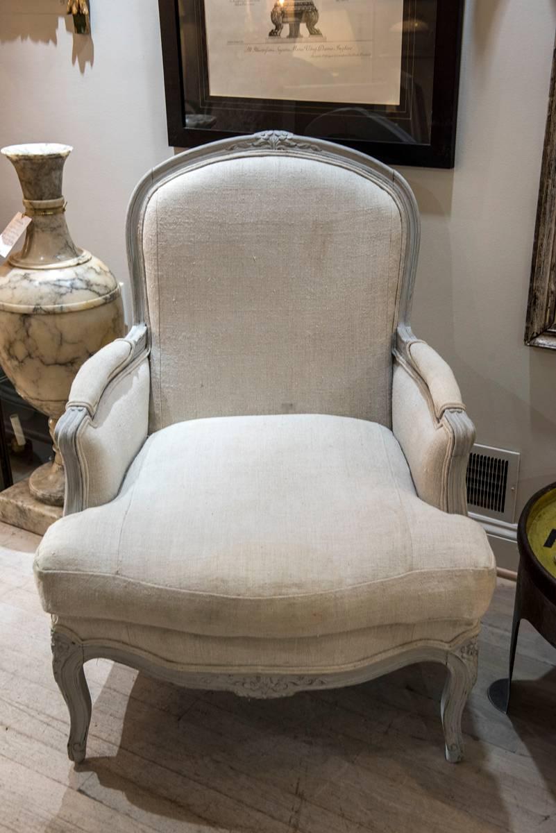 Louis XVI Pair of Greyish White Painted In the Style of Louis XV Bergere Chairs