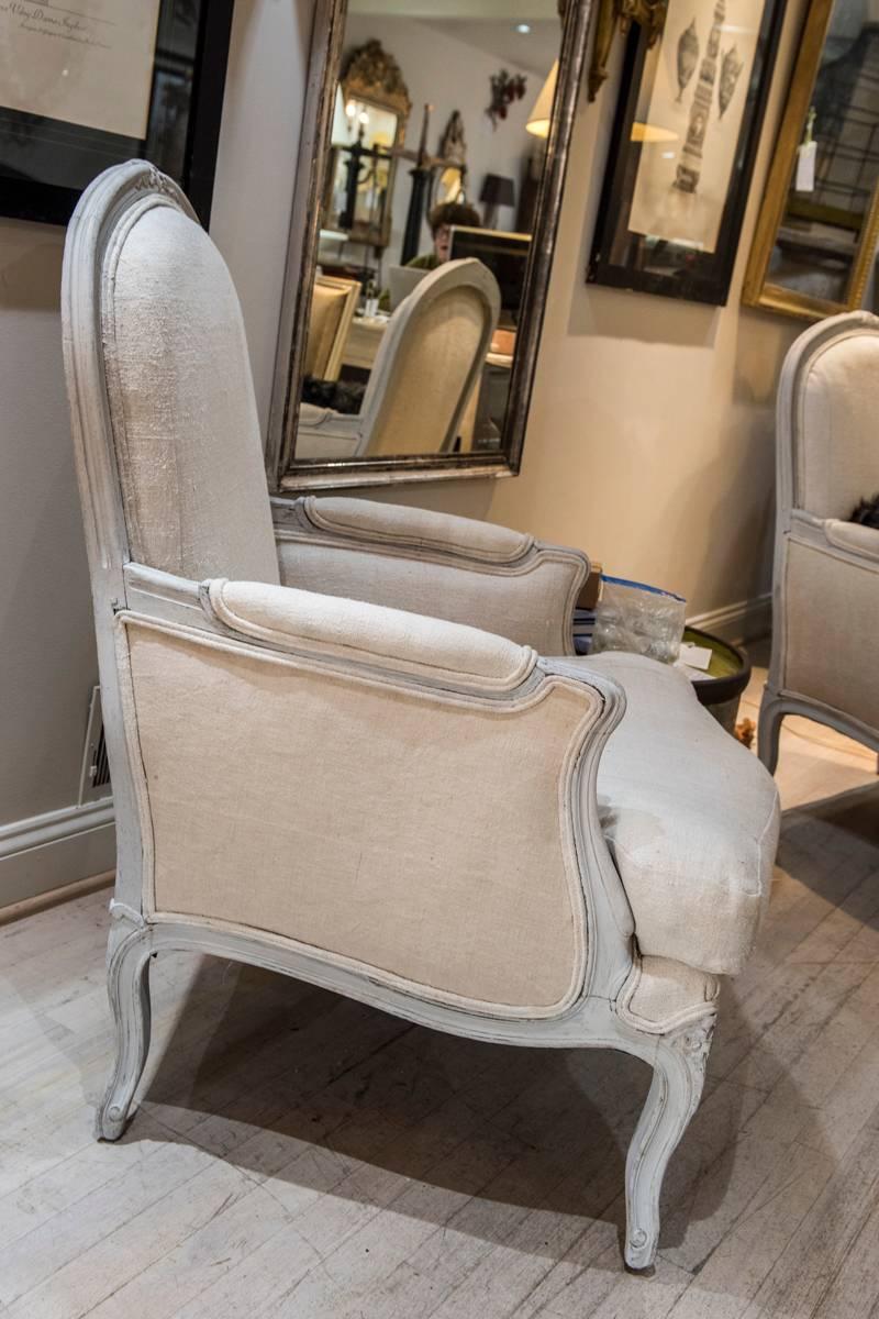 19th Century Pair of Greyish White Painted In the Style of Louis XV Bergere Chairs