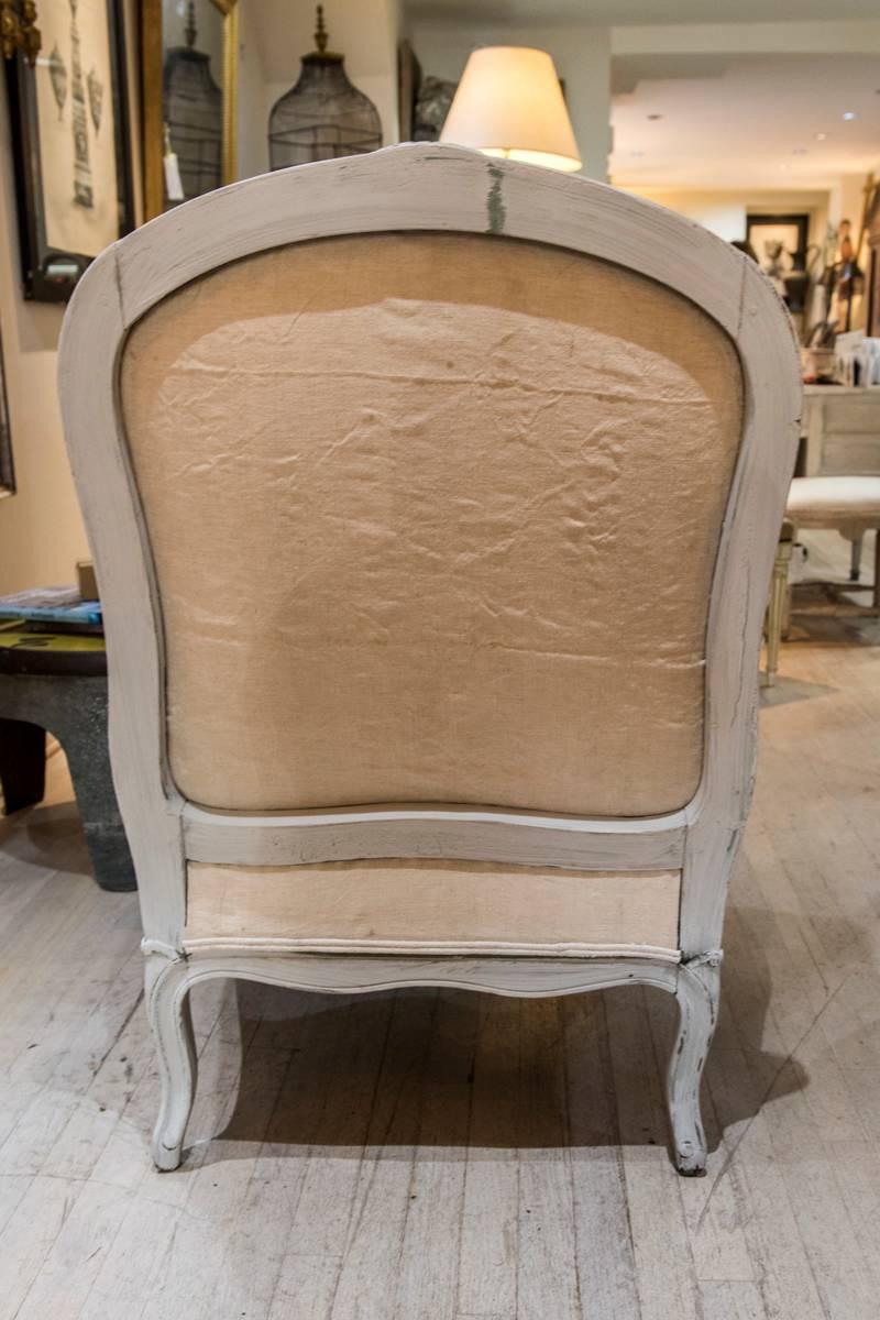 Linen Pair of Greyish White Painted In the Style of Louis XV Bergere Chairs