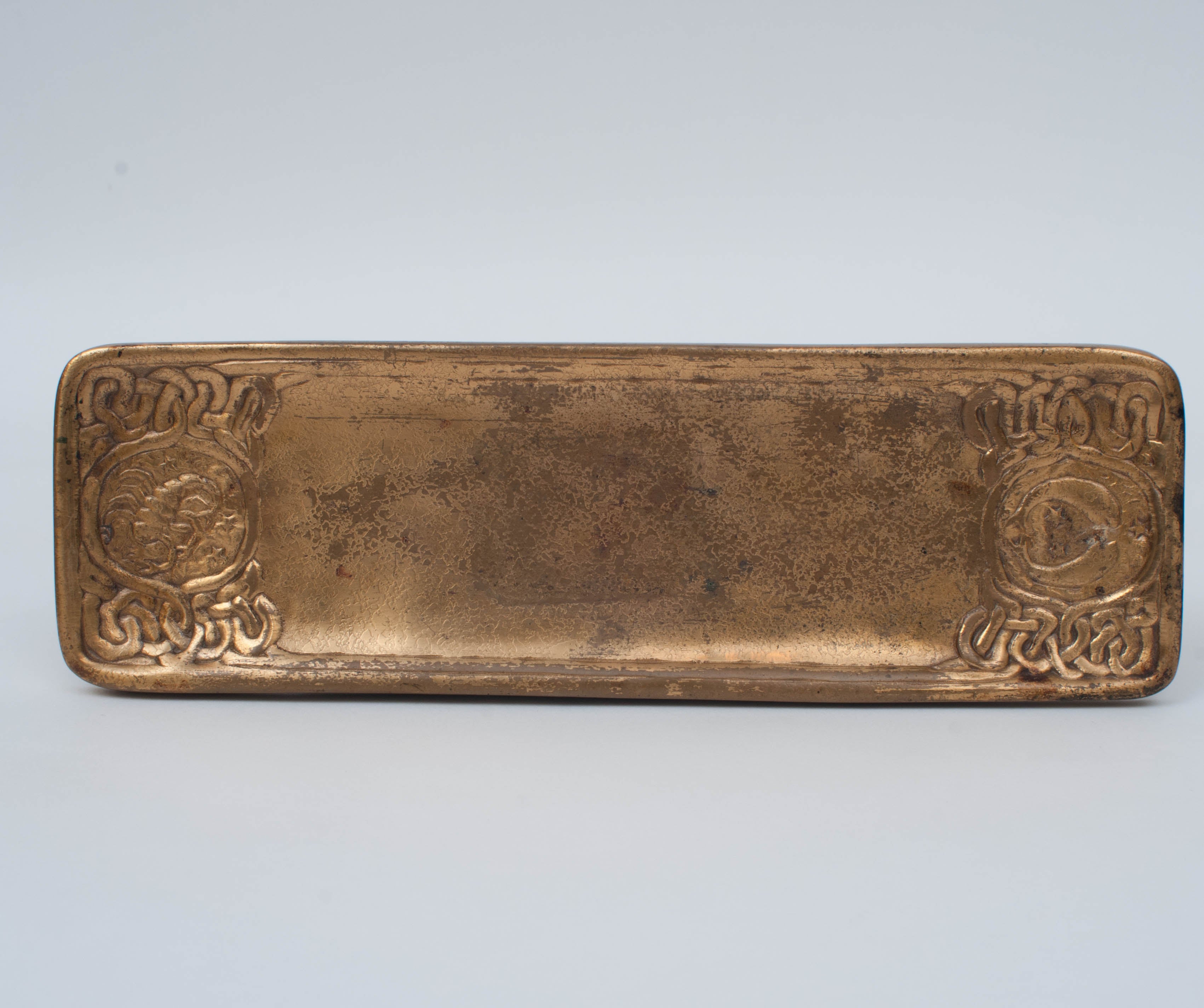 Tiffany Studio Bronze Gold Doré Pen Tray, Zodiac Pattern, New York, circa 1905