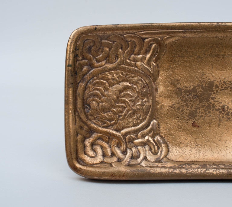 Art Nouveau Tiffany Studio Bronze Gold Doré Pen Tray, Zodiac Pattern, New York, circa 1905