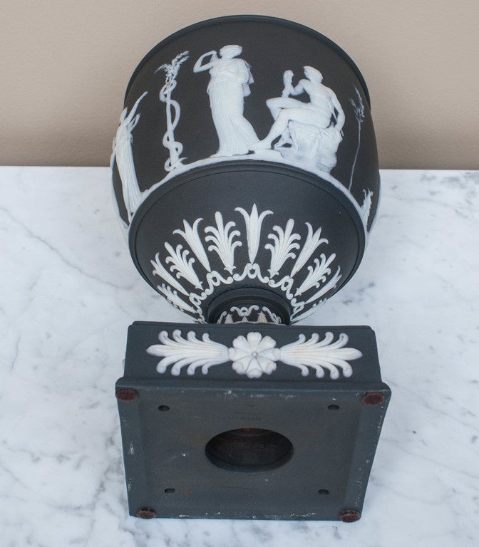 Classical Greek Pair of Black Wedgwood Jasperware Lidded Urns