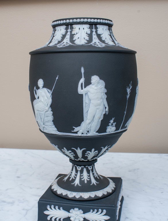 English Pair of Black Wedgwood Jasperware Lidded Urns