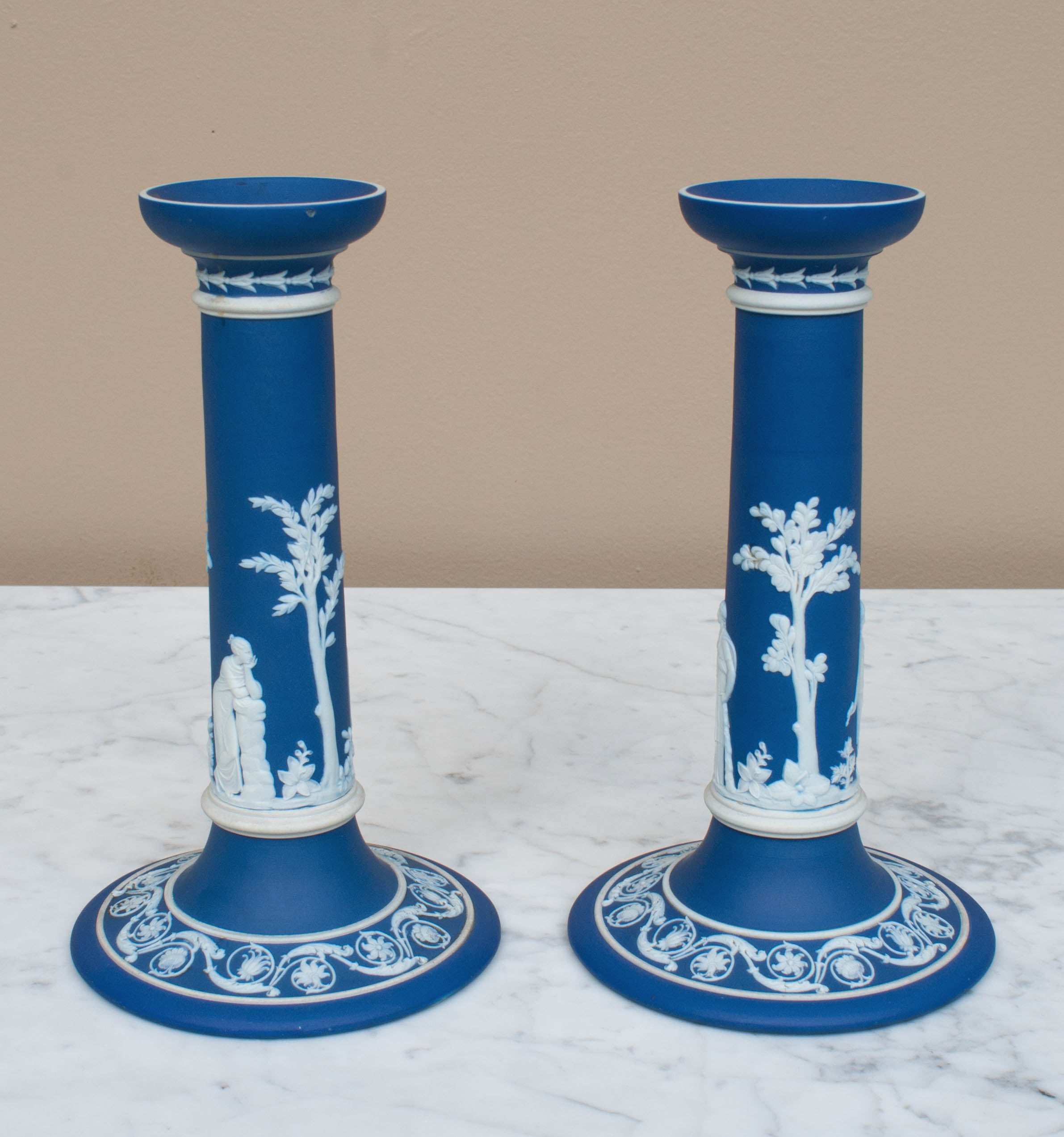 Pair of Wedgwood Dark Blue Jasperware Candlesticks