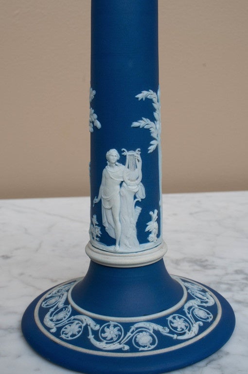 Neoclassical Pair of Wedgwood Dark Blue Jasperware Candlesticks