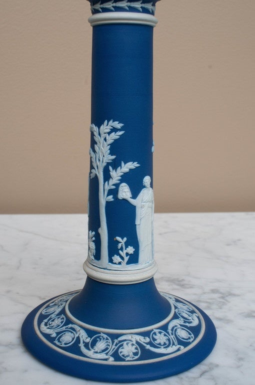 English Pair of Wedgwood Dark Blue Jasperware Candlesticks