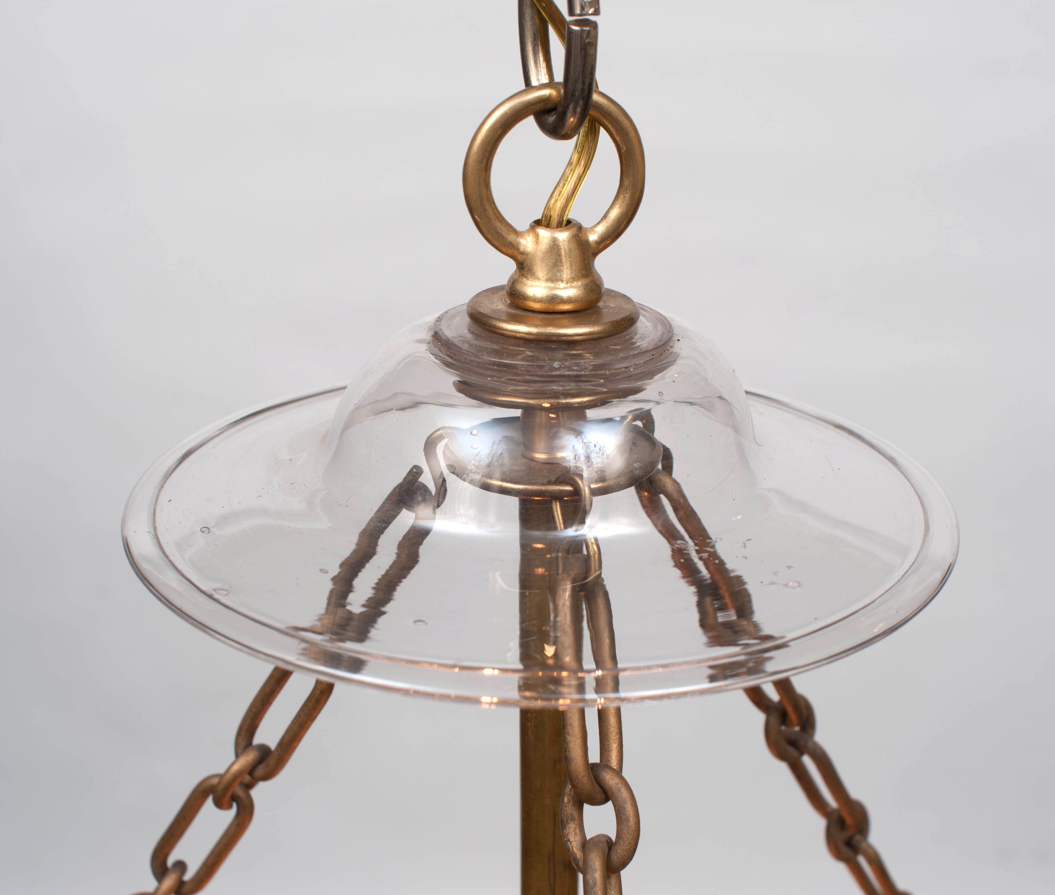 Frosted handblown glass cut to clear - gilt brass (ormolu) fittings - three lights -hanging hardware and appropriate chain and ceiling cap included.