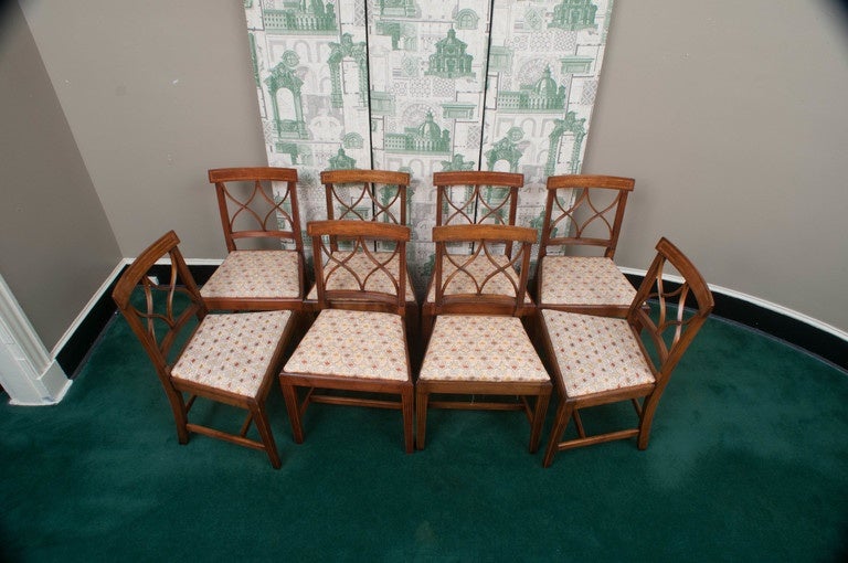 All side chairs, mahogany with inlaid top rail, most have label under the bottom 