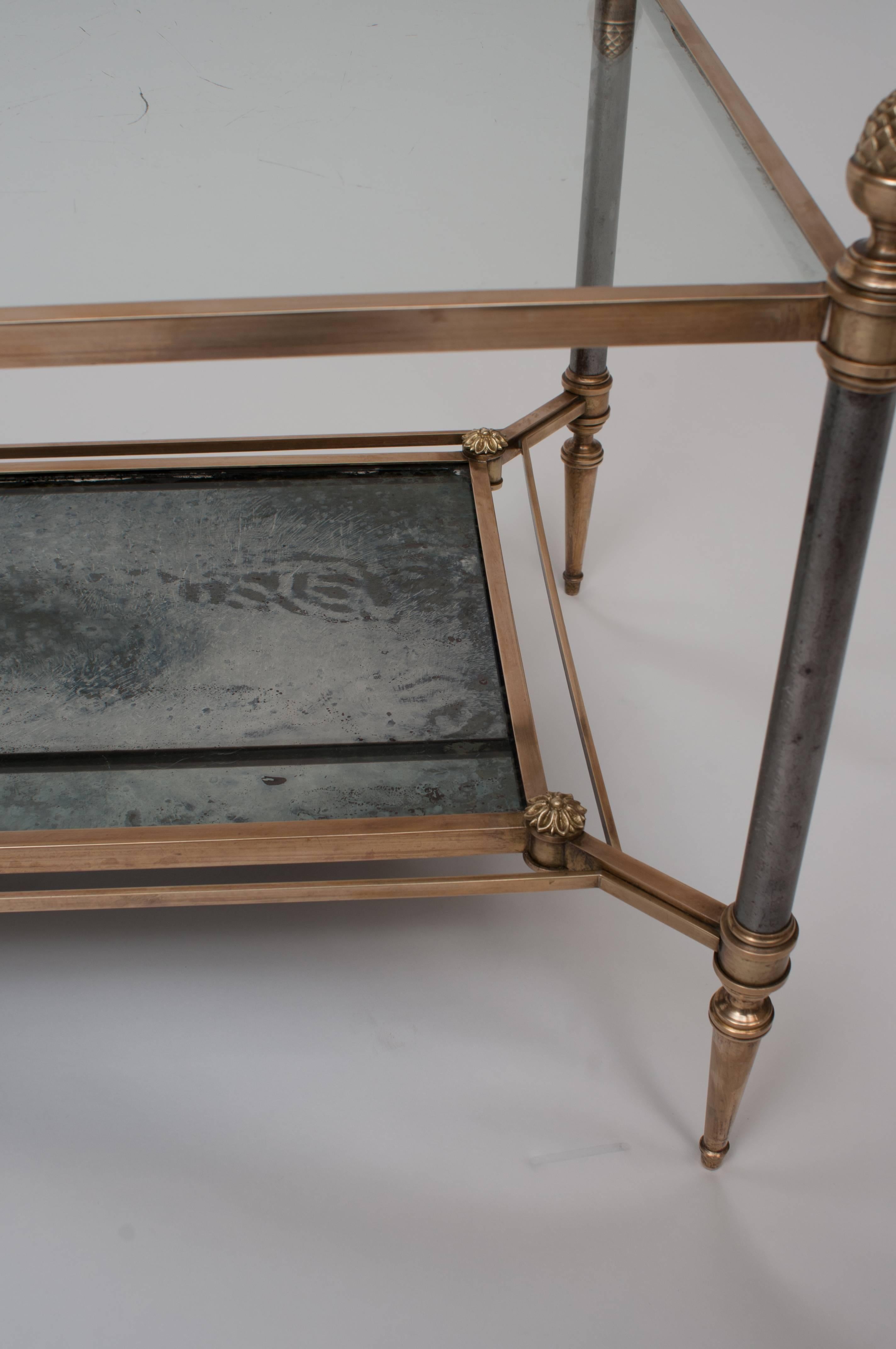 French Jansen Neoclassic Style Coffee Table with Aged Mirrored Lower Shelf