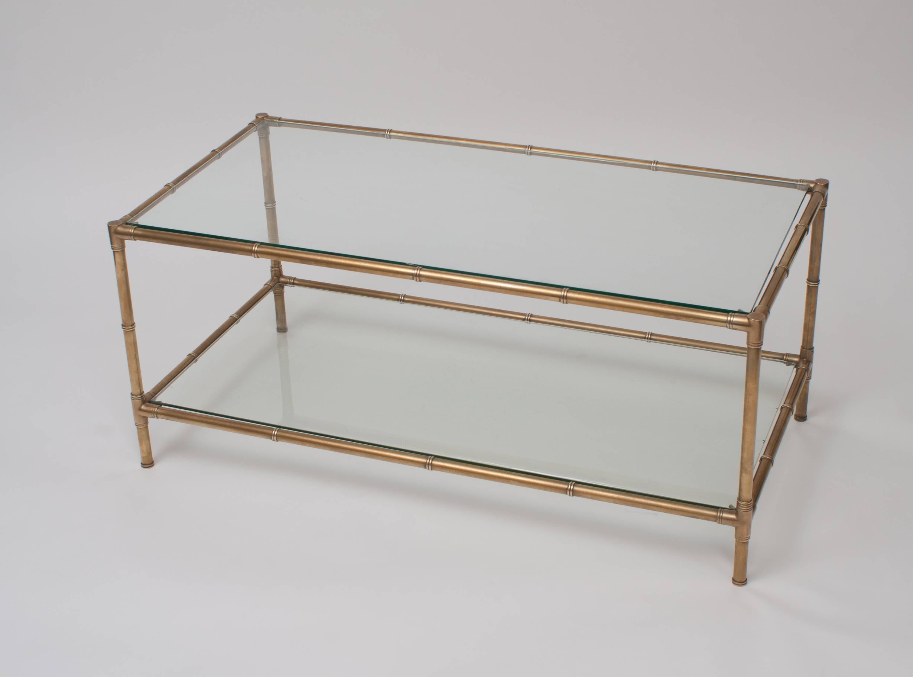 Mid-Century Modern Faux Bamboo Brass and Glass Coffee Table, France, circa 1965