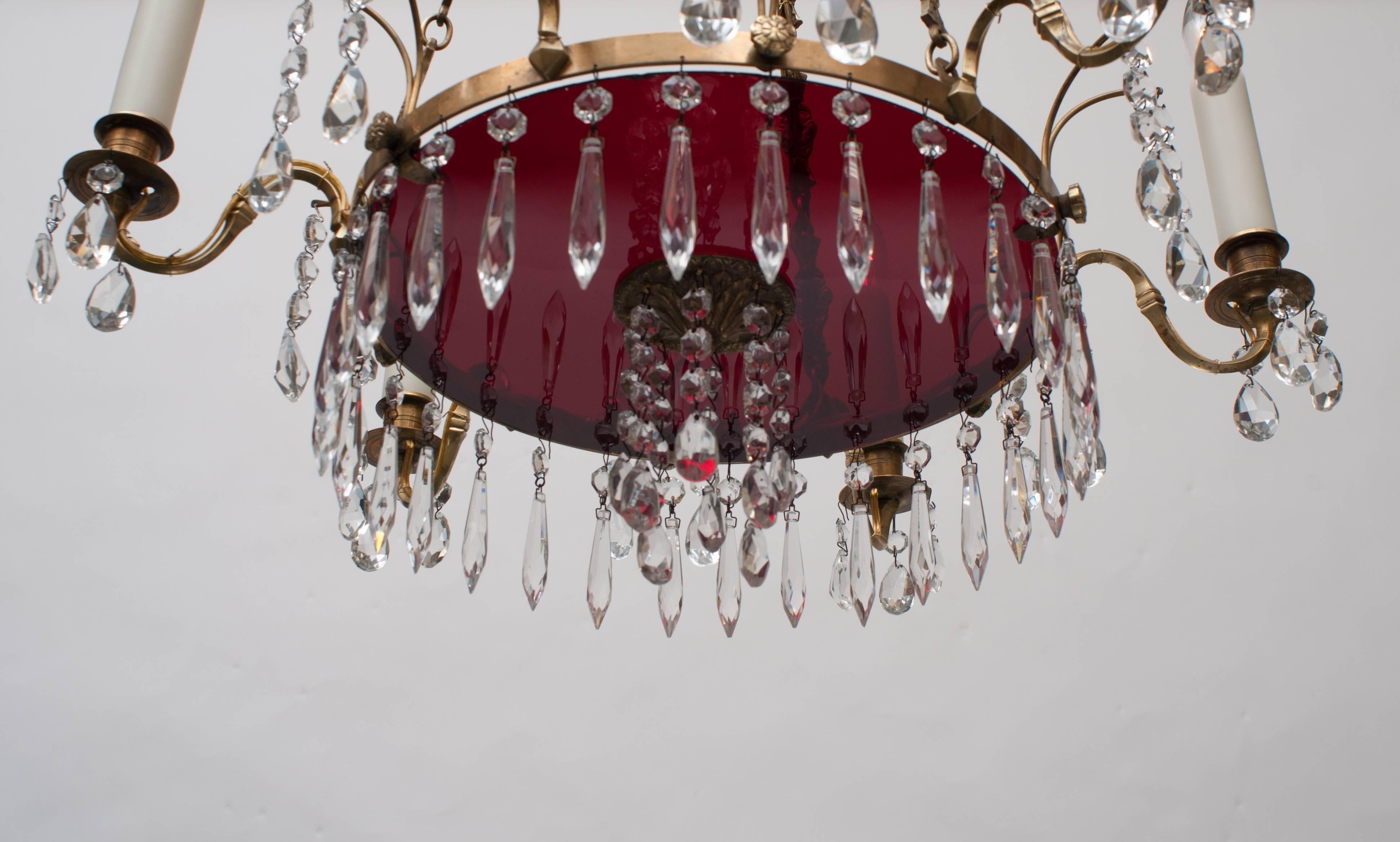 Handblown cranberry glass plate on bottom. Until we wired it, this delicate fixture had always been candle-burning - hand cast chain and rosettes. Ceiling cap, chain and hanging hardware included. Free installation within the Washington metro area,